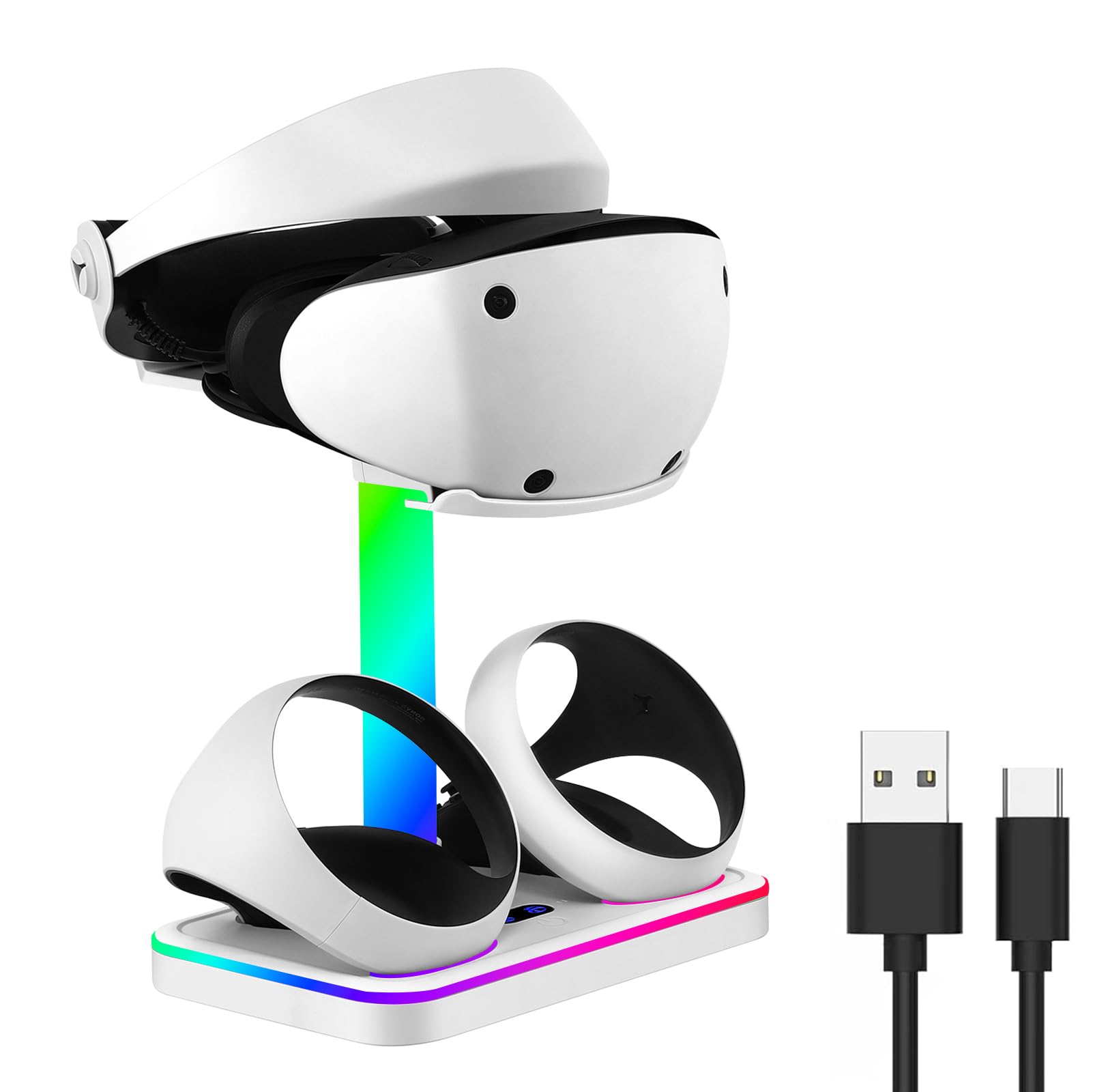 Estación de carga para PS VR2 con luz RGB: estación de carga YOYIAG para controlador Playstation VR2 con soporte para auriculares PS VR2, carga rápida de 1,5 horas para mandos PSVR2, accesorios de