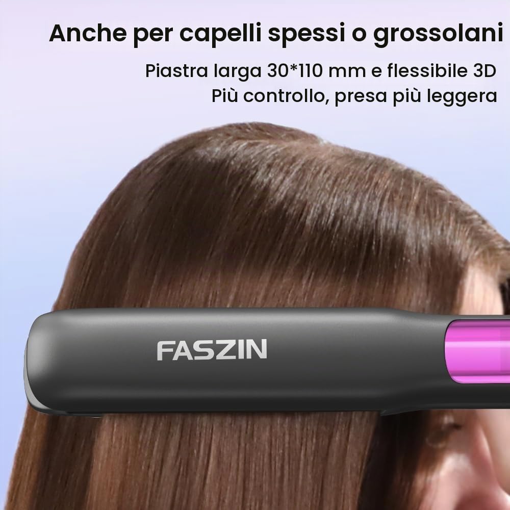 Faszin Piastra Capelli Professionale 2-In-1, Piastre Ioniche di Titanio, Riscaldamento In Soli 20 Secondi, Display LCD Chiaro, Ideale Per Capelli Lisci, Ricci e Mossi