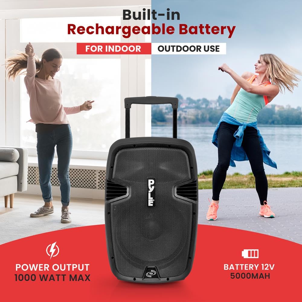 Pyle Altoparlante PA portatile wireless, altoparlante Bluetooth 1000W, subwoofer da 12", doppio sistema PA ad alta potenza, audio a 2 vie, include microfono wireless, ingresso USB/SD, per uso esterno