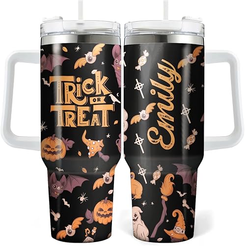 Vaso de Halloween personalizado de 40 onzas con asa de truco o trato, taza de café de viaje con aislamiento espeluznante, vasos de Halloween, taza