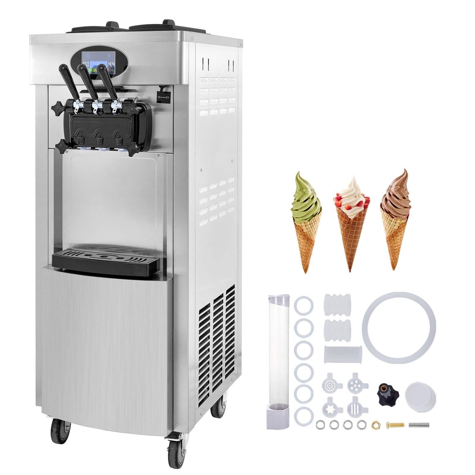 Machine à Crème Glacée professionnelle 2200W Machine à crème glacée italienne 20-28L/h 3 Saveurs Pré-refroidissement et Autonettoyage Panneau LED pour Yaourt Café Snack-Bar Glacier Restaurant