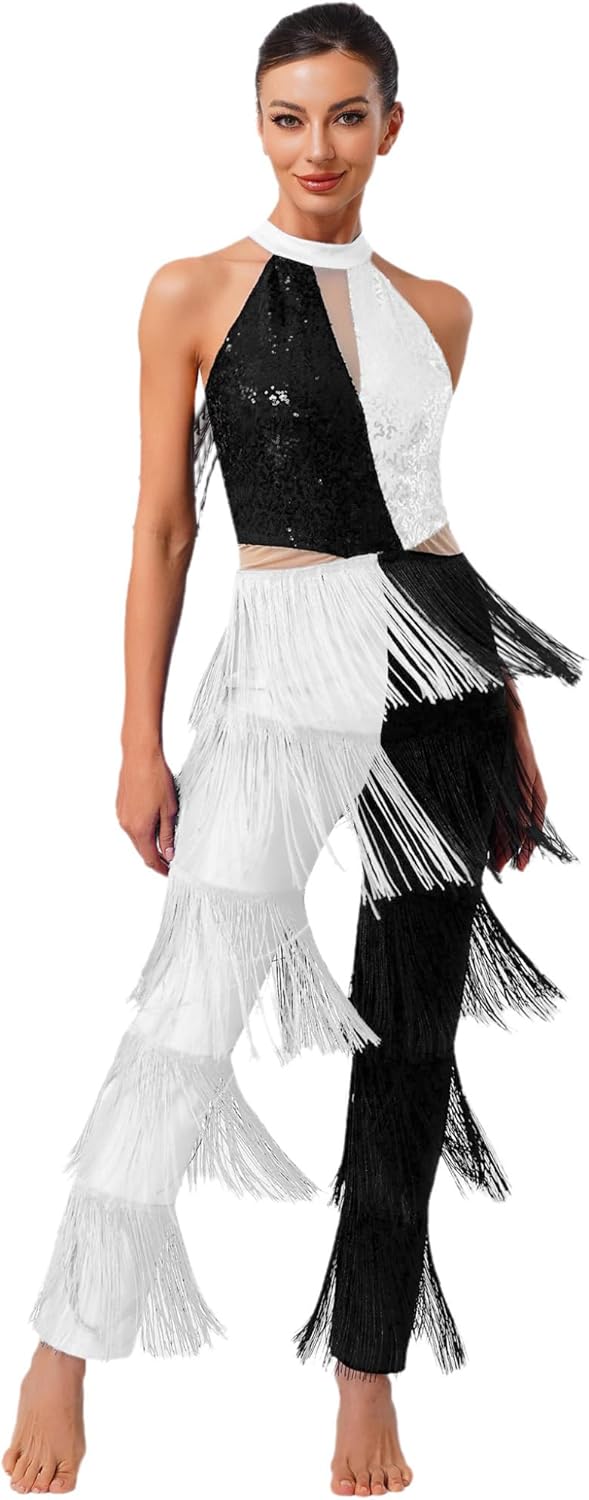 Womens Latin Dance Dresses Contrast Color Fringe Tassel Jumpsuit Sequin Cha-cha Salsa Samba Performance Costume