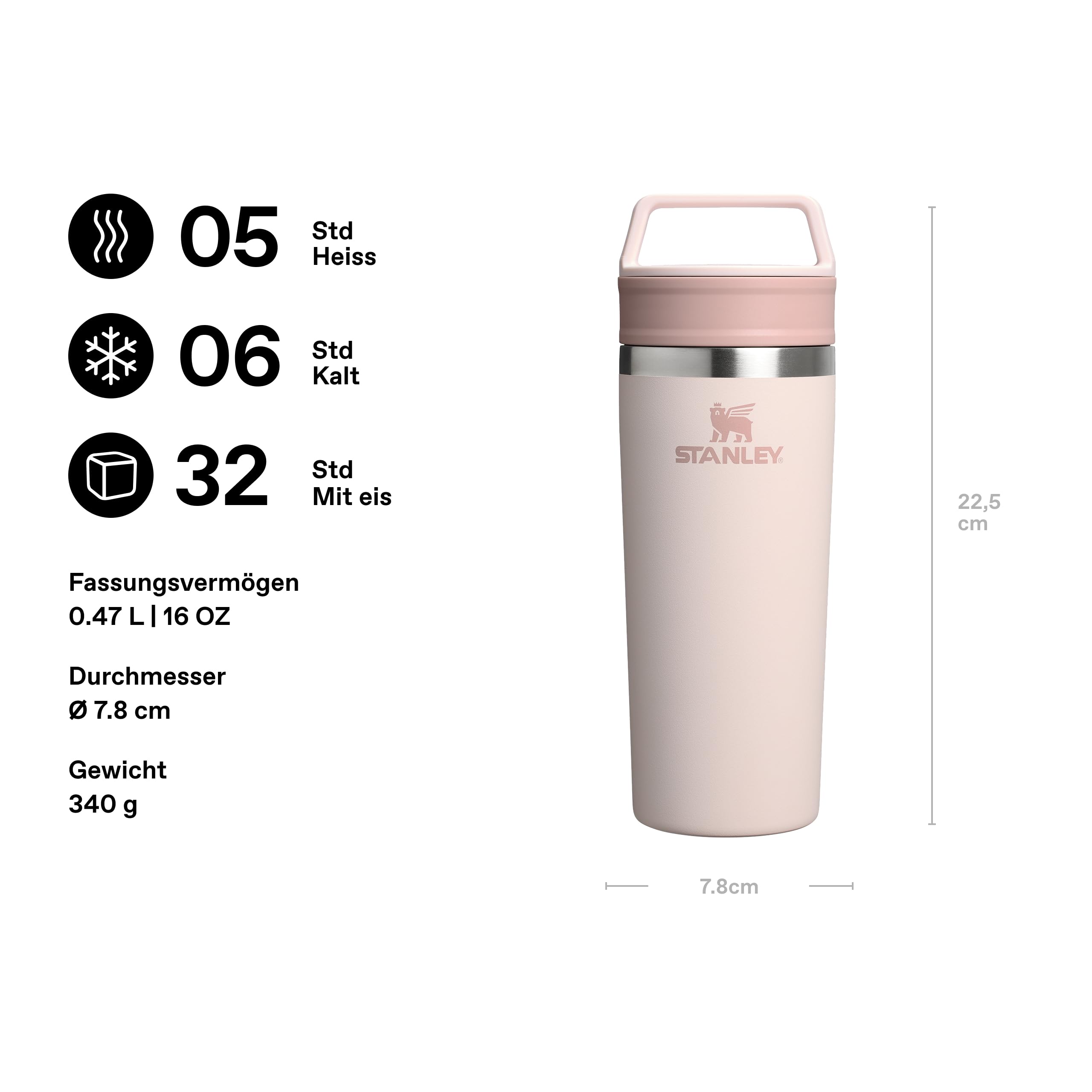 STANLEY 1913 Cafe Kaffeebecher To Go 0.47L - Hält 4 Stunden Heiß - Edelstahl Thermobecher - Spülmaschinenfest - Coffee Becher - Rose Quartz | Hält 5 Std. heiß - 6 Std. kalt - Spülmaschinenfest - Tragegriff - Edelstahl