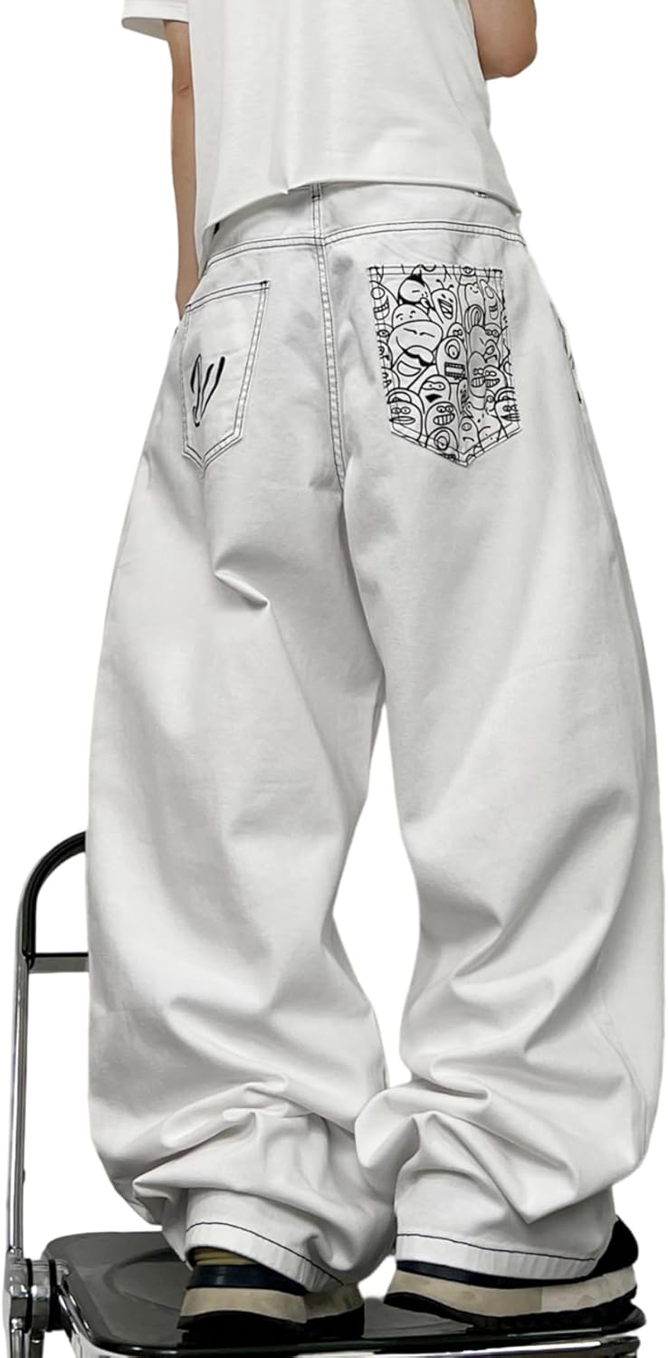 Men's Baggy Jeans Embroidered Wide Leg Vintage Jeans Hip Hop Loose Fit Denim Pants Streetwear