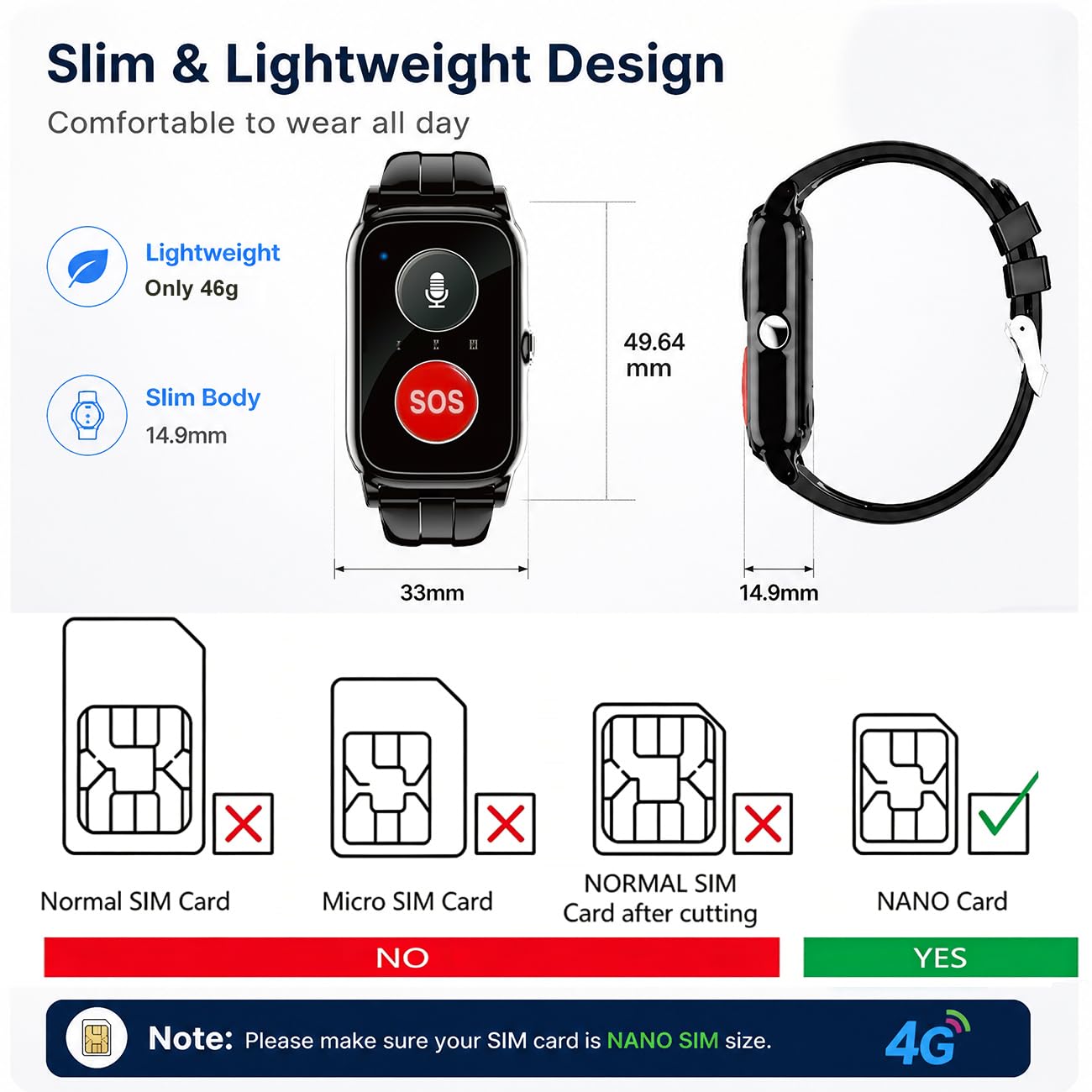 Reloj Localizador Personas Mayores Detección De Caídas, SOS para Personas Mayores Llamadas Caídas Posición GPS Ancianos Pour Alzheimer Black,4.9 * 3.3cm