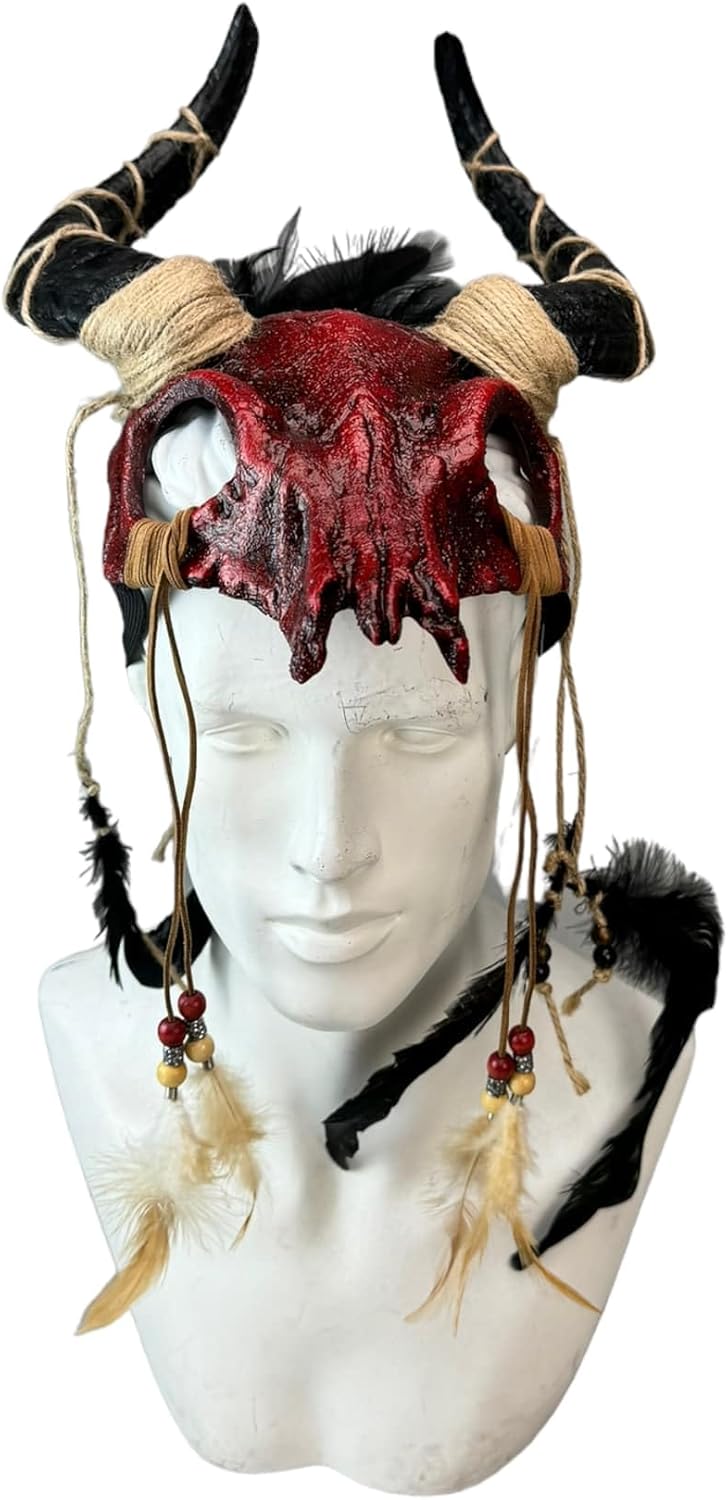 KB Ram Skull Head Band Masquerade Mask in Burgundy & Black with Feathers M39593