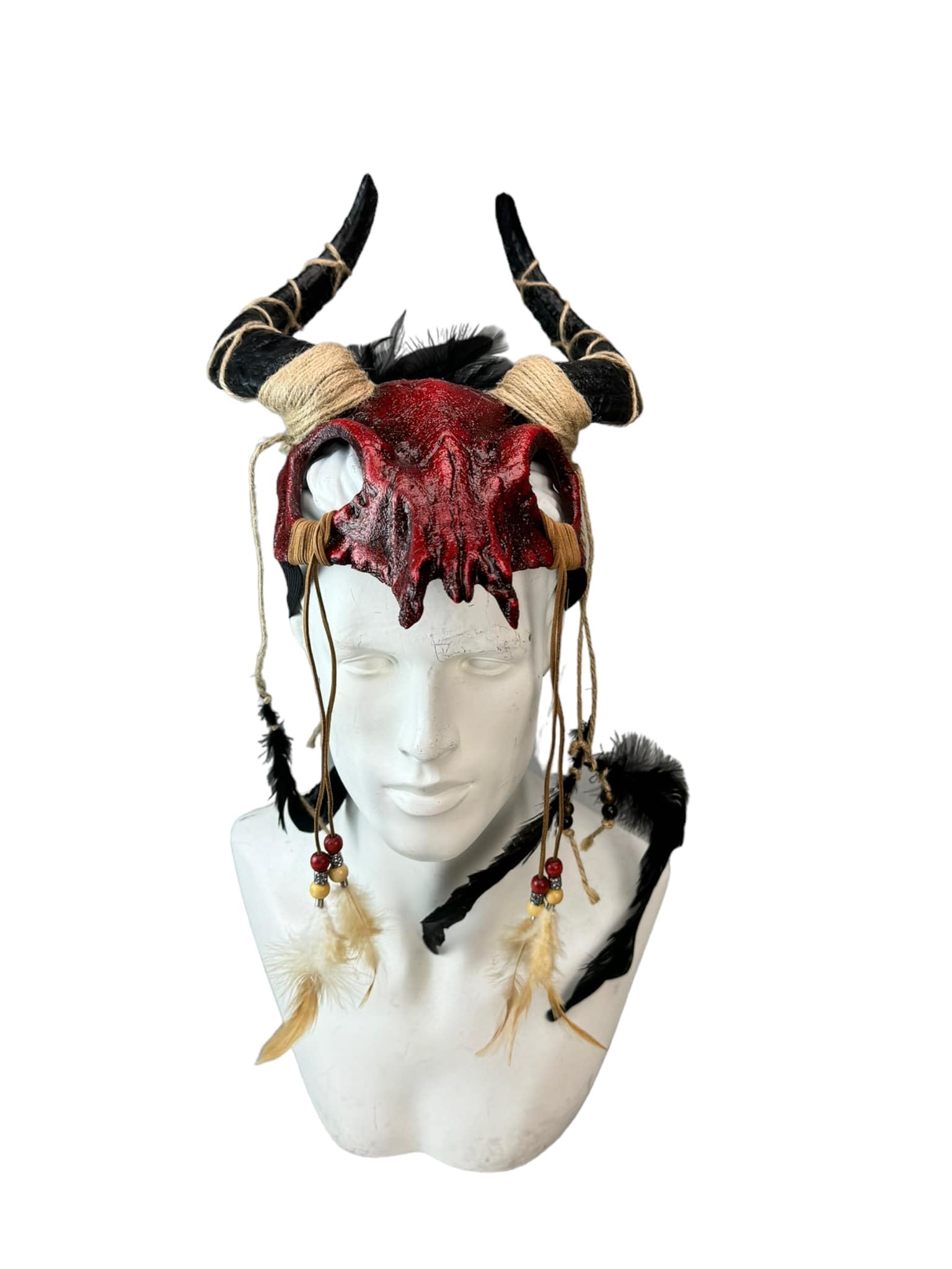 KB Ram Skull Head Band Masquerade Mask in Burgundy & Black with Feathers M39593