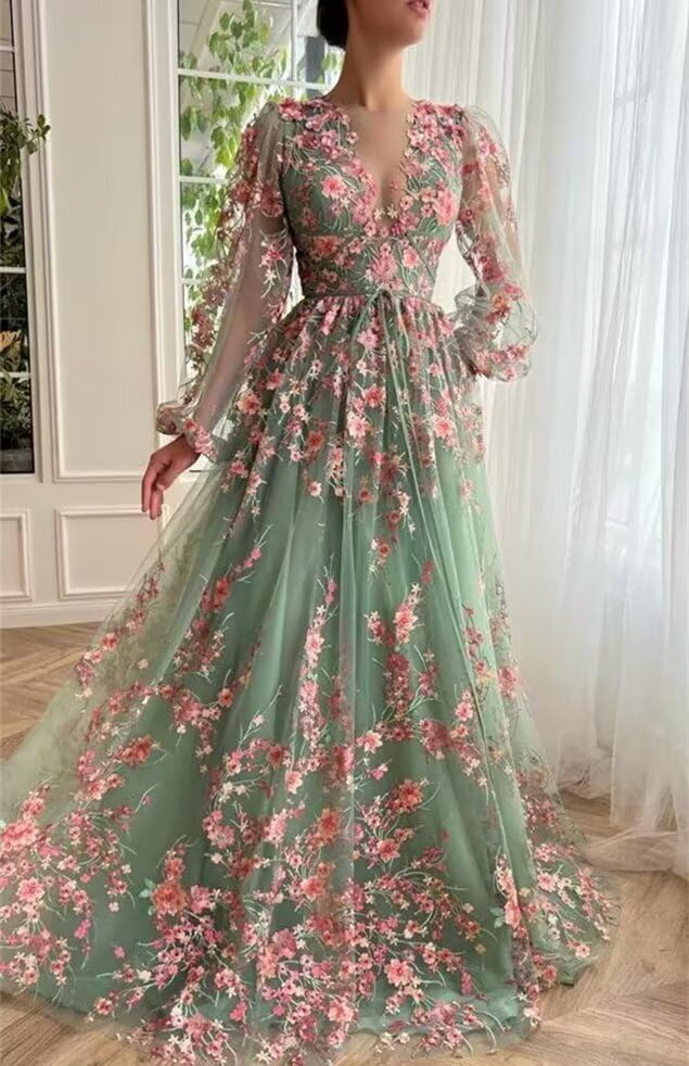 Jamille Tea Length Prom Dress for Women Formal Floral Gowns with Puffy Sleeves Long Embroidery Tulle Evening Dress JA0011 B4