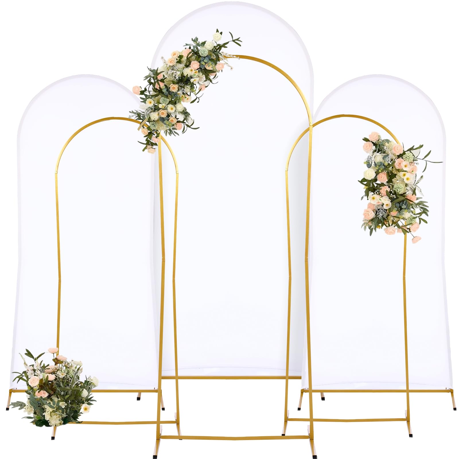 Kigley 6 Set Arch Backdrop Stand Including 3 Gold Metal Arch Backdrop Stand and 3 6FT/5FT Backdrop Frame Stand Cover, 102 Pcs Balloons for Wedding Party Birthday Anniversary Indoor Outdoor Decoration