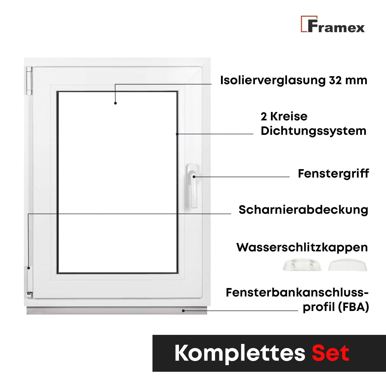 Finestra per cantina Finestra in plastica Bianco Larghezza x Altezza 80 x 80 cm (800 x 800 mm) 2-vetri (32 mm) girevole e ribaltabile DIN sinistra 4-camere Profilo 58 mm incluso maniglia