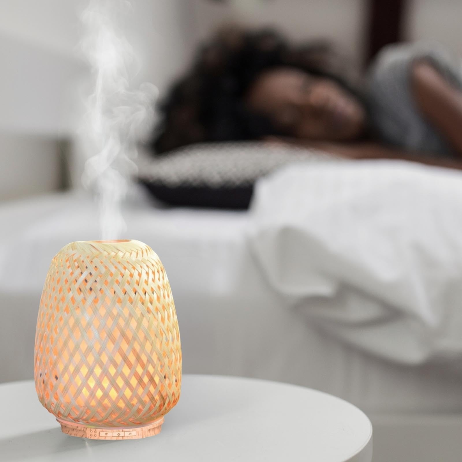 Zen'Arôme SC21-25S - Difusor de aceites Esenciales ultrasónico Olaki (hasta 40 m²) - Difusión en frío para aromaterapia, diseño Artesanal Zen de bambú Trenzado, iluminación Regulable, Madera