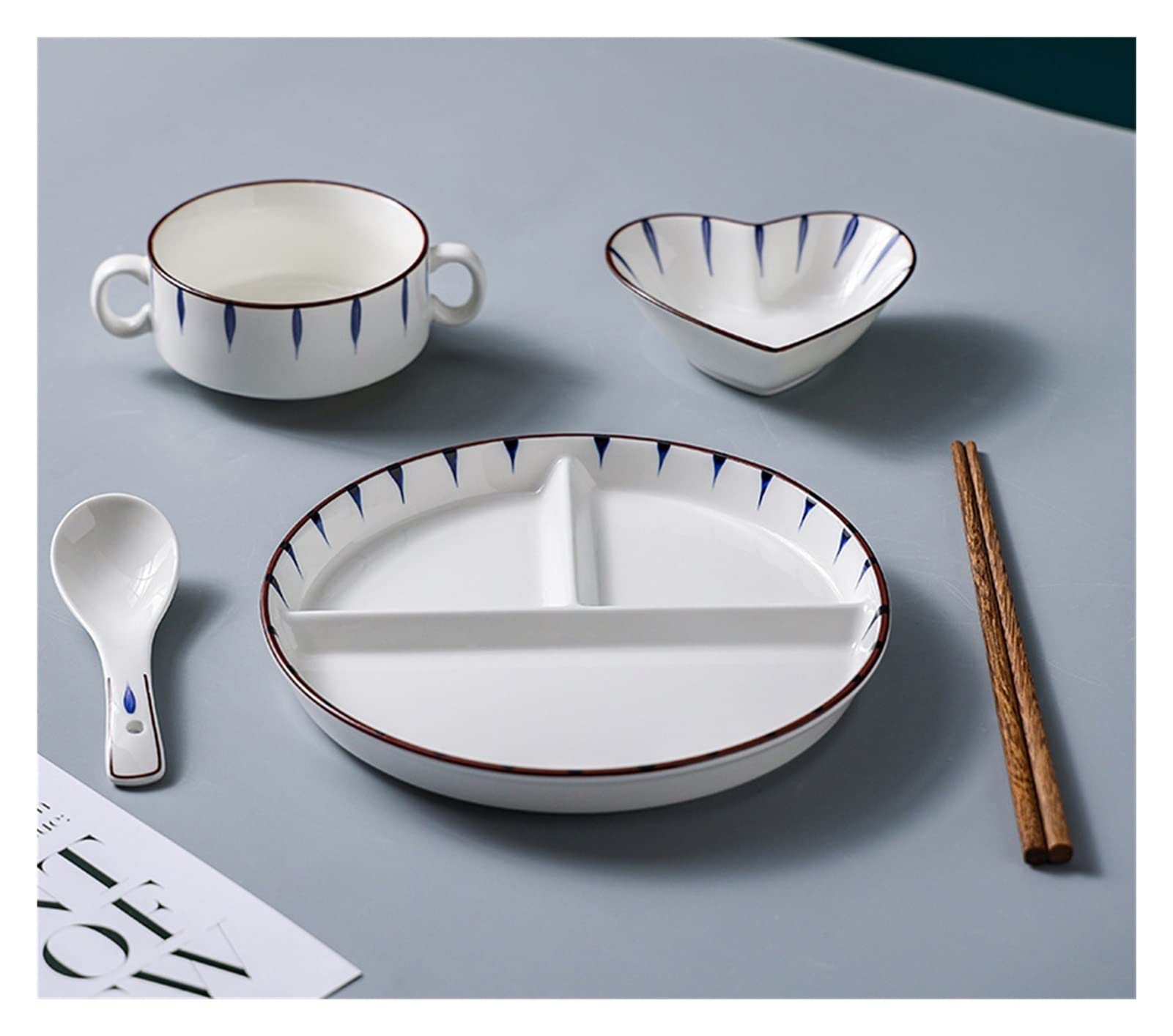 Lot de 6 assiettes de contrôle des portions avec couverts, vaisselle en céramique sans BPA, bol et tasse, passe au lave-vaisselle, idéal pour les adultes, assiettes de service avec compartiment de 8