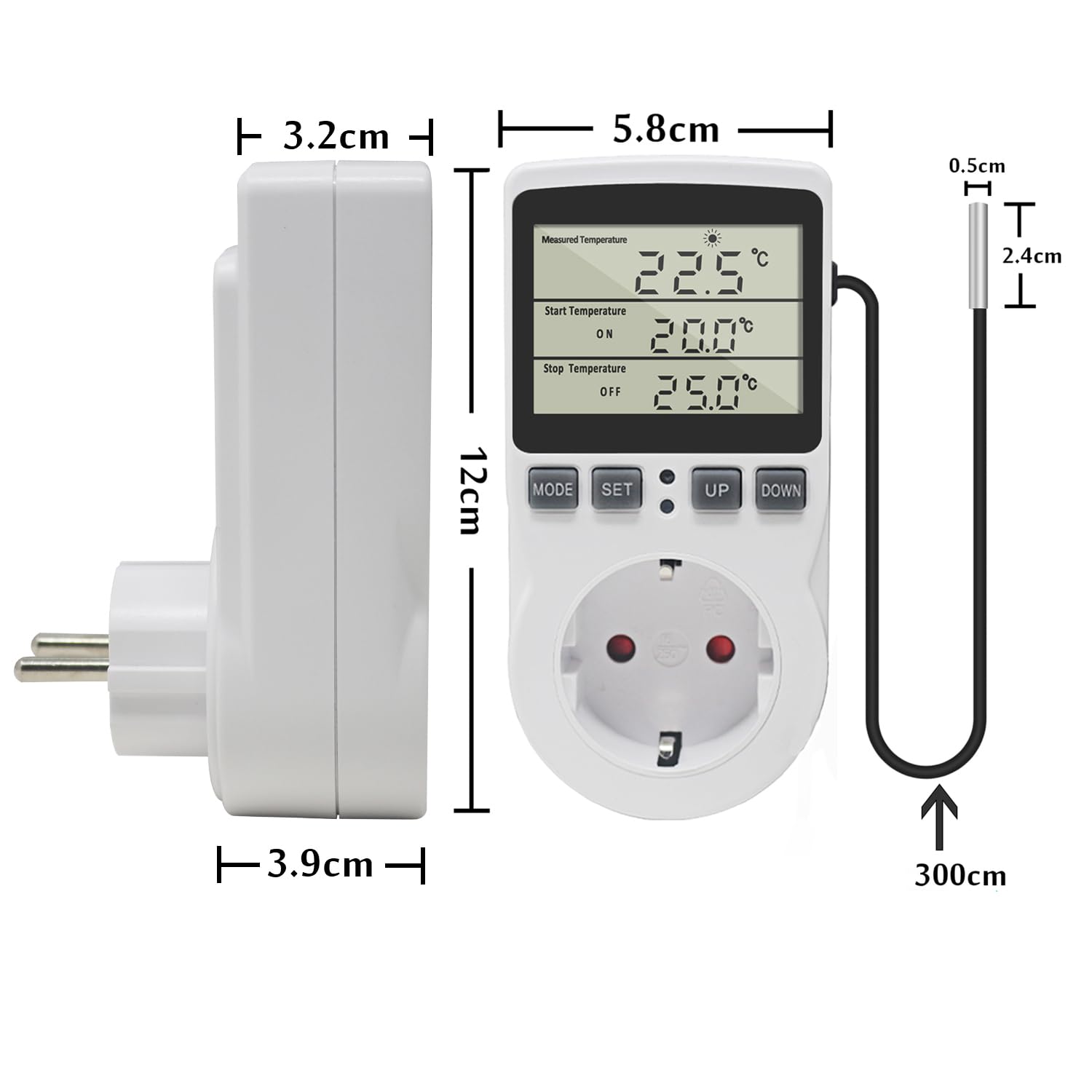 KETOTEK Presa Termostato Regolatore di Temperatura Digitale 220V Riscaldamento Raffreddamento con Sonda, LCD Presa Regolatore di Temperatura per Frigo Incubatore Serre Ventilatore