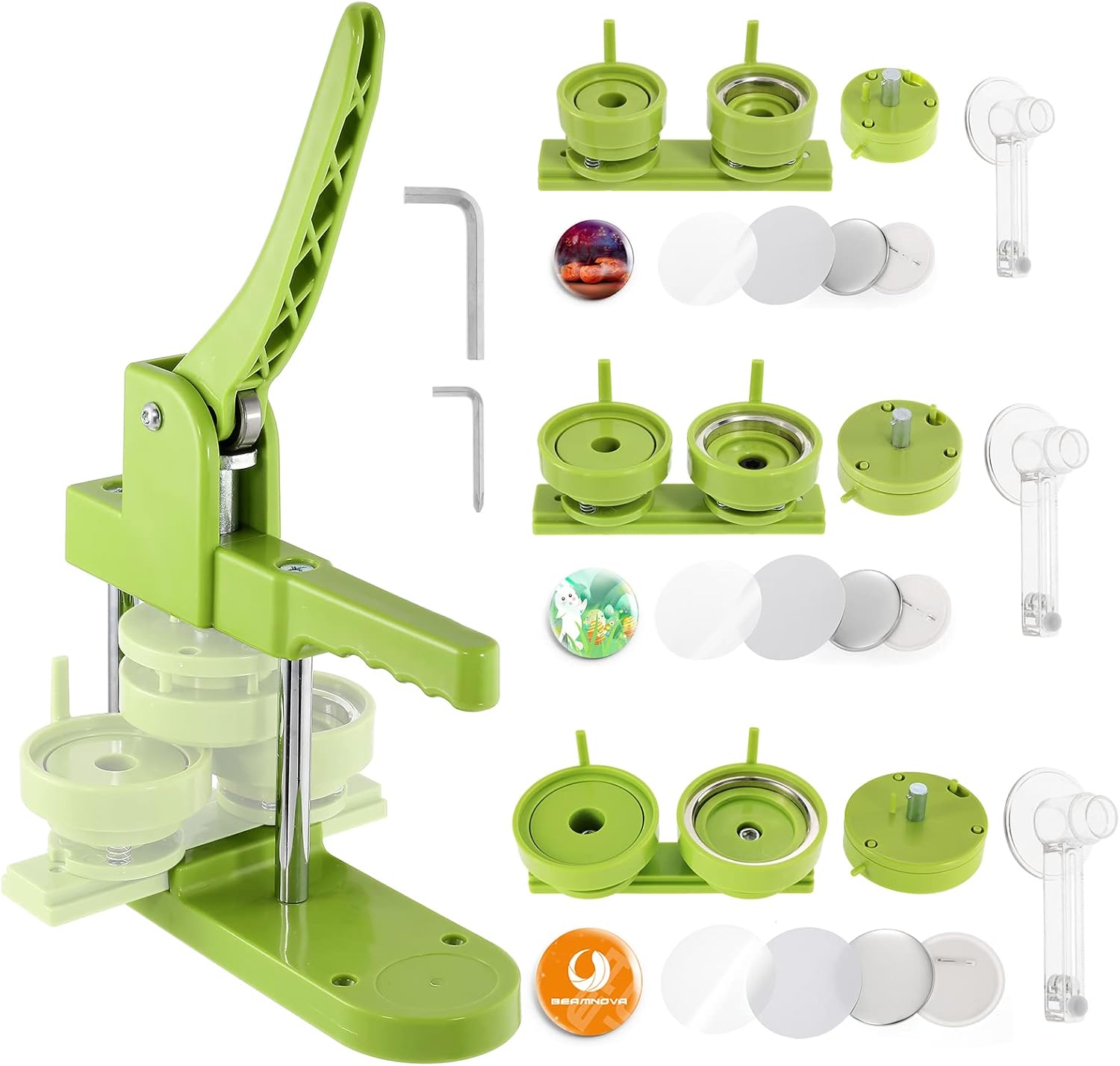BEAMNOVA Button Maker Machine Multiple Sizes 1.73+2.28+2.95 inch, 44mm 58mm 75mm Sliding Dies, 300 Sets of Button Supplies, Circle Cutter Hand Press Machine Round Pin Badge Maker Kit