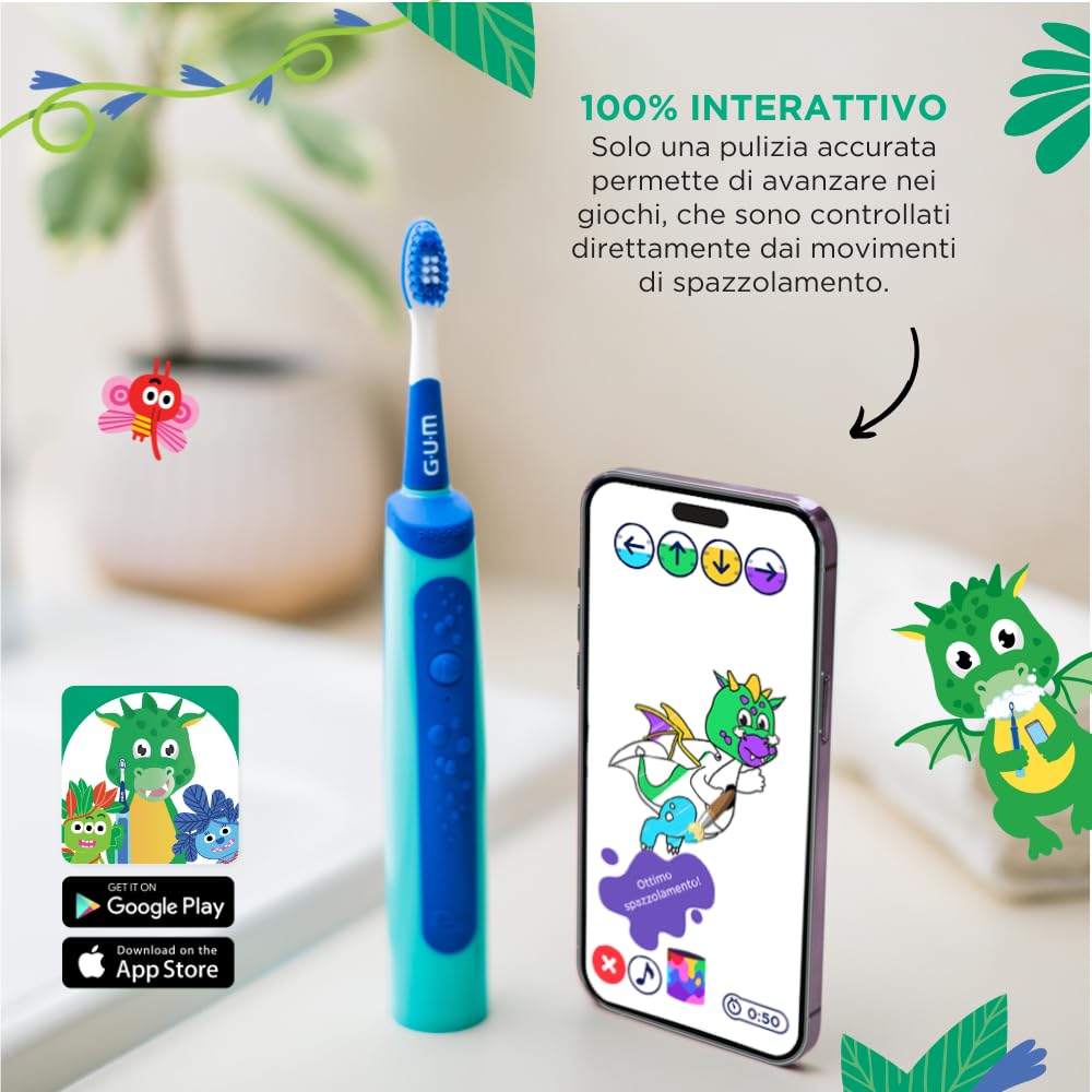 GUM Playbrush JUNIOR 6+ spazzolino elettrico | app di gioco interattiva | 2 modalità di spazzolamento | setole extra morbide | batteria a 8 settimane | 1x spazzolino sonico | 2 testine extra | Blu