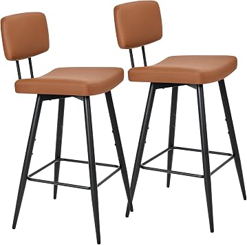 KJGKK Tall Bar Stools Set of 2, 30 Inch High Counter Height Barstools with Padded Back Support, Faux Leather Bar Chairs, Metal Legs, for Kitchen Island, Caramel Brown