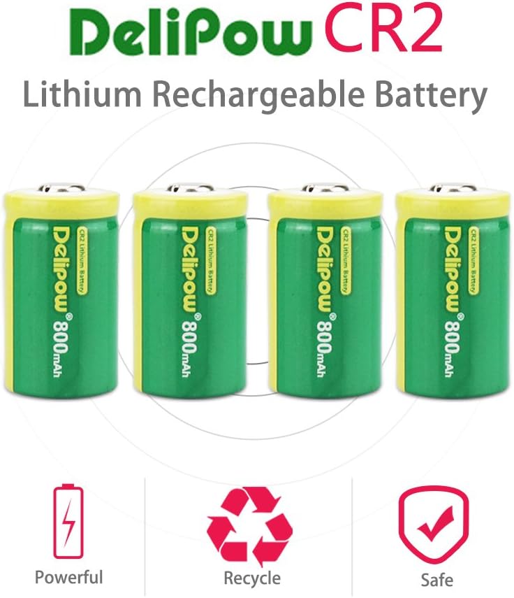 Delipow CR2 Rechargeable Batteries, 3-Volt 800mAh, Lithium Photo Battery, MSDS Certificated, Pre-Charged (4-Pack)