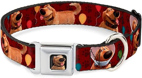 Buckle-Down Collar de perro con hebilla para cinturón de seguridad, 4 posturas, globos, estampado de huellas rojas, 1 pulgada de ancho, se adapta a