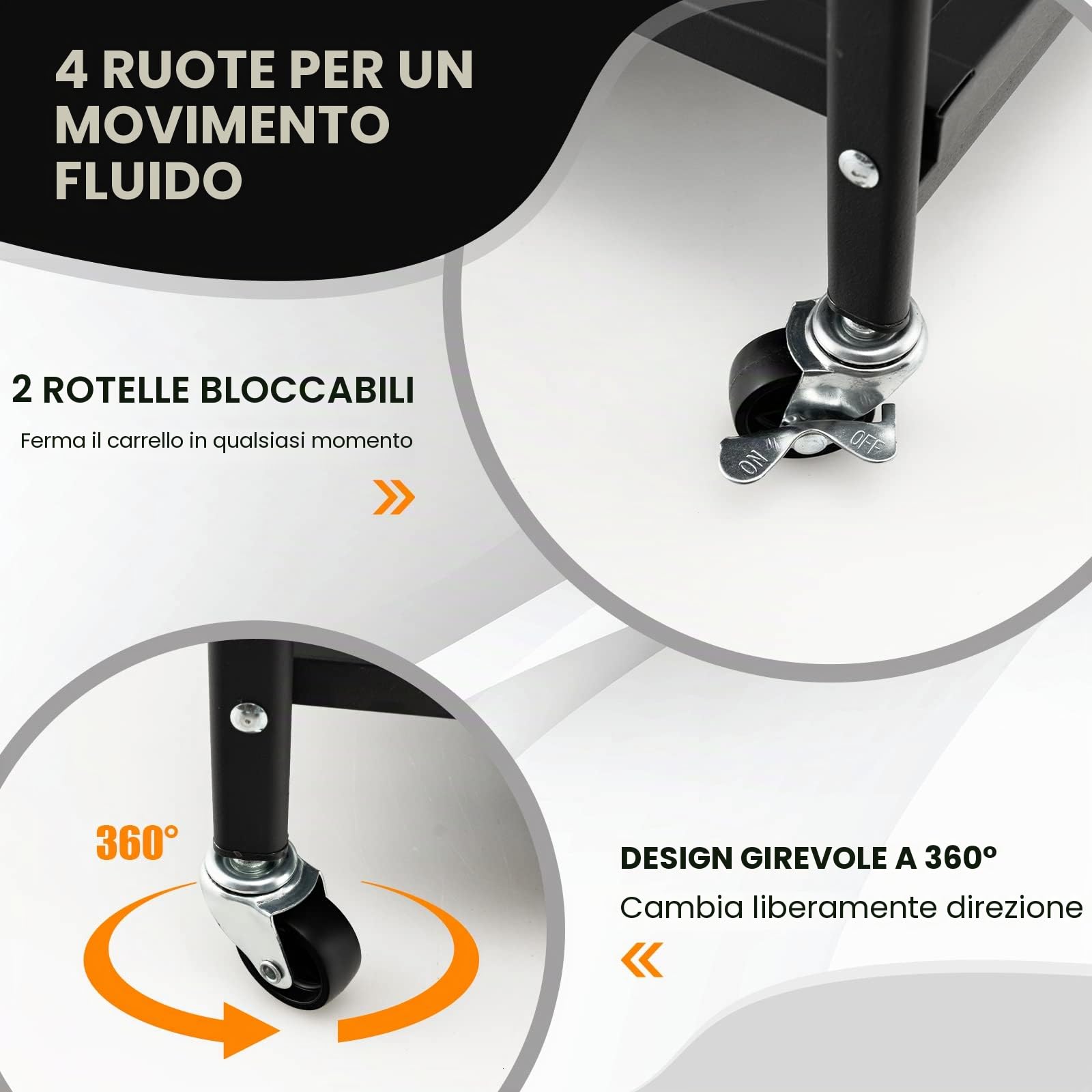 HOMASIS carrello di servizio pieghevole a 3 livelli, con 4 ruote e 2 freni, compatto, ripiani in metallo per cucina, nero
