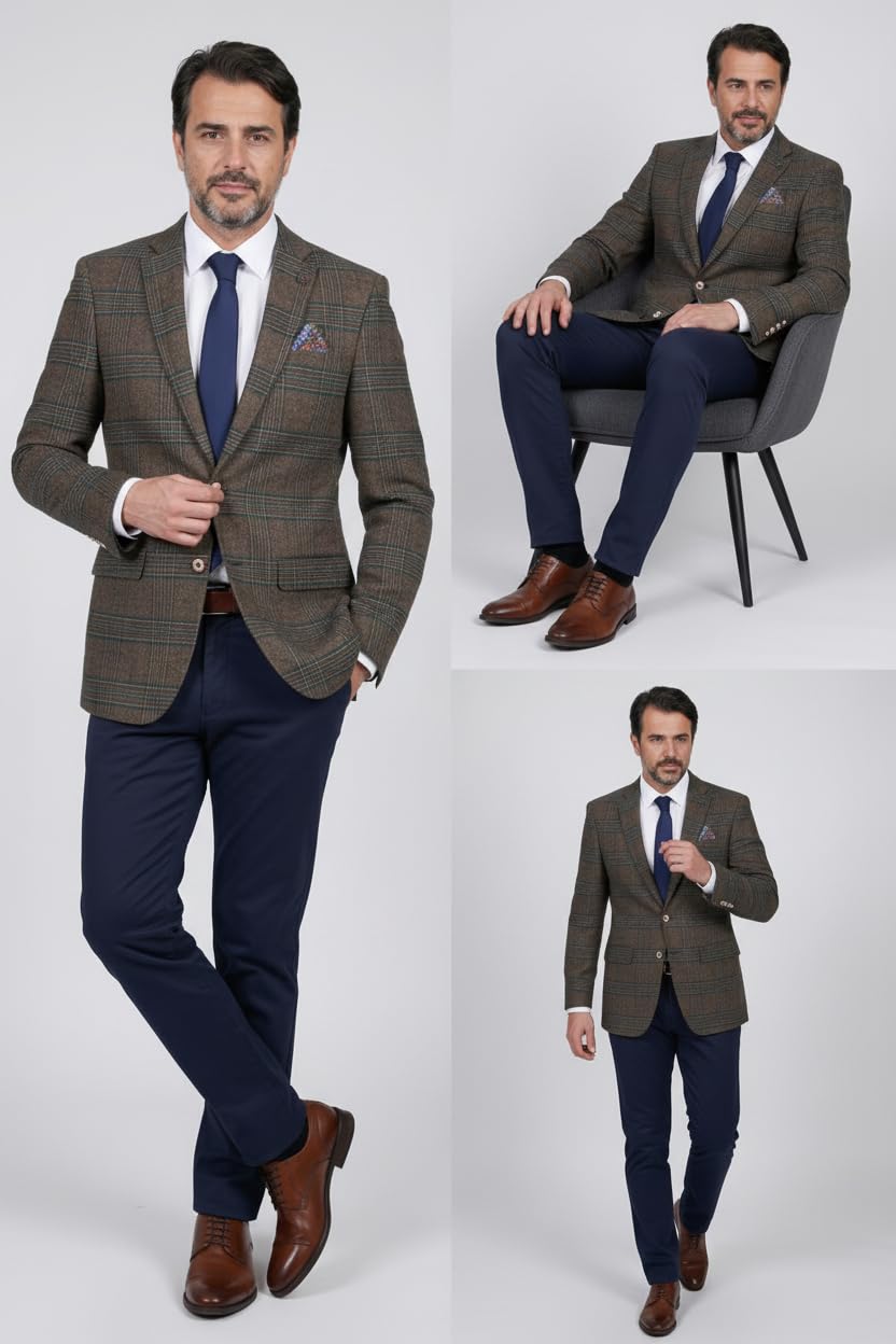 SIRRI Blazer de Mezcla de Lana a Cuadros Ventana para Hombre, Corte Entallado, Chaqueta Formal Elegante Verde