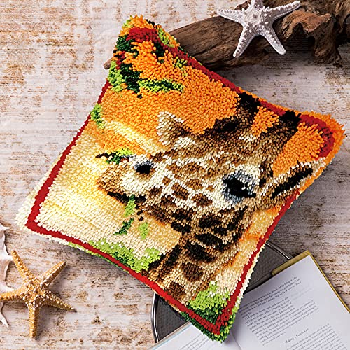 Image of clubevy Latch Hook Kits DIY Throw Pillow Cover Crochet Crafts for Beginner Kids and Adults Handmade Crafts Home Decoration Festival Birthday Gift,Giraffe 17 * 17 inch