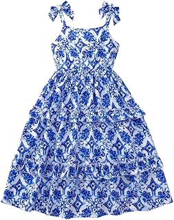 SARAHA DESIGNER Beautiful Blue & White Printed Sleeveless Maxi Dress for Girls – Adjustable Bow Straps, Tiered Ruffle Desi... Price In India