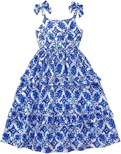 SARAHA DESIGNER Beautiful Blue &amp; White Printed Sleeveless Maxi Dress for Girls – Adjustable Bow Straps, Tiered Ruffle Desi...