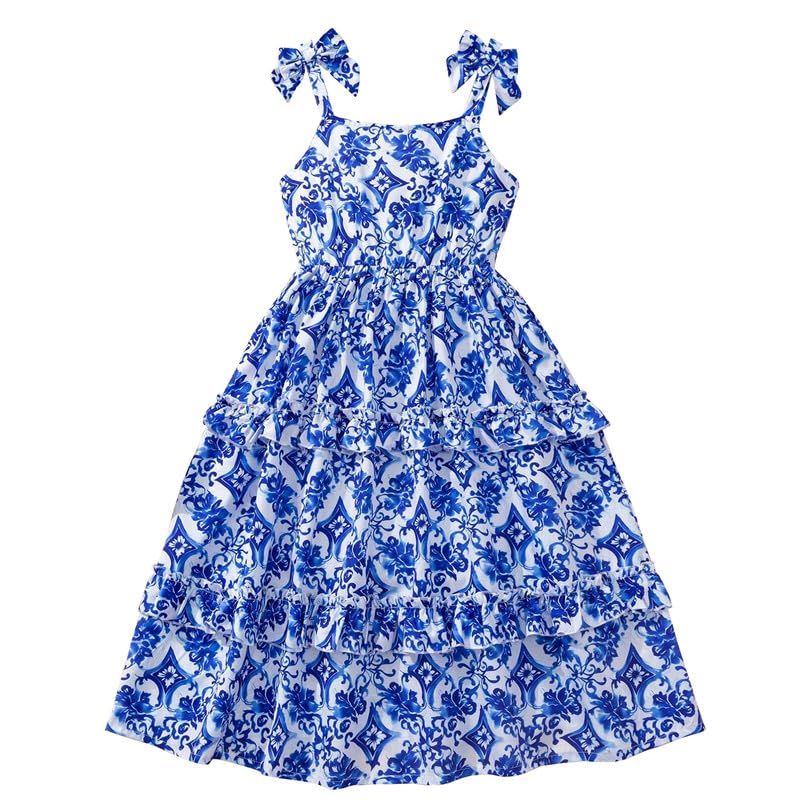 SARAHA DESIGNER Beautiful Blue & White Printed Sleeveless Maxi Dress for Girls – Adjustable Bow Straps, Tiered Ruffle Desi... - Review, Price and Buying Guide