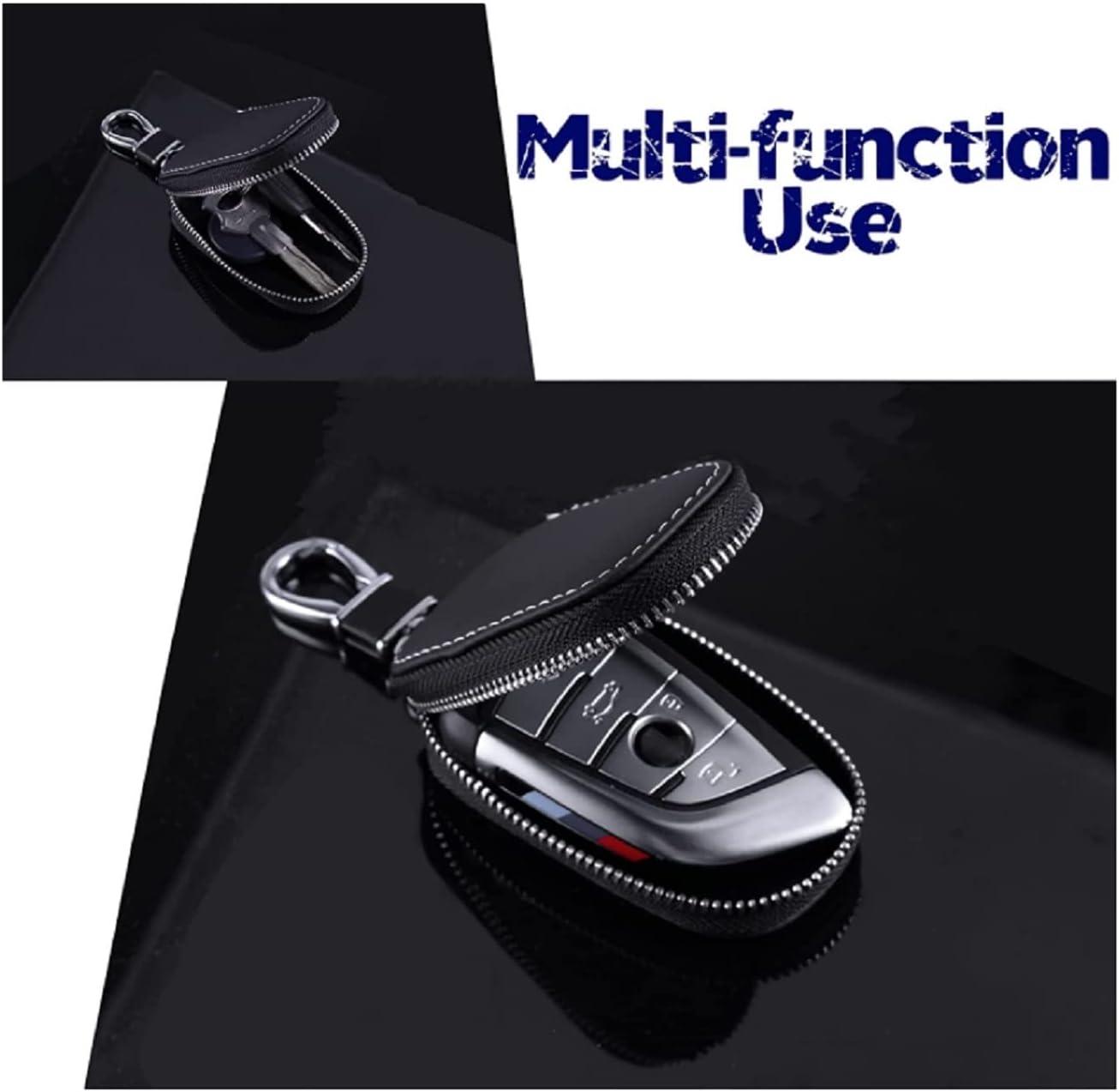 Contacts Genuine Leather Car Remote Key Case | Smart Protection Key Holder For Car Key | Key Chain Bag | Auto Remote Keyring Wallet (Black, Pack Of 2)