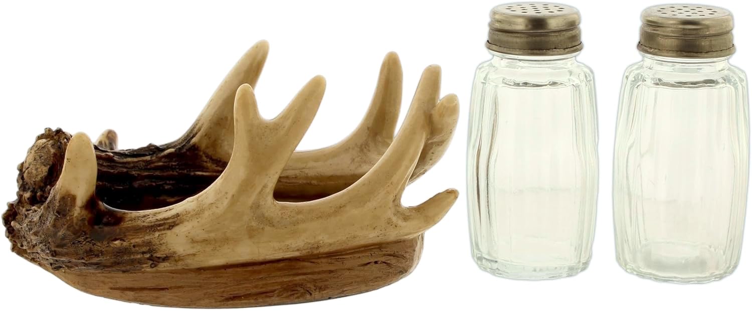 The Bridge Collection Wildlife - Juego de salero y pimentero de cuernos de ciervo, accesorio de mesa de comedor y cocina estilo cabaña, decoración de cabina temática de caza