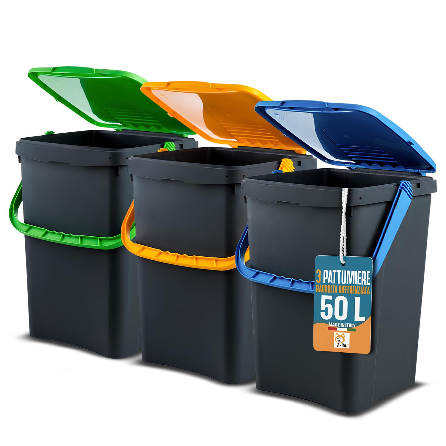 AKITAInk Set 3 Pattumiere AKIPATFOLK da 50L Cad. Totale 150L - Bidoni Differenziata in Plastica Riciclata, Made in Italy, con Manico Antirandagismo e Doppia Apertura per Interni ed Esterni