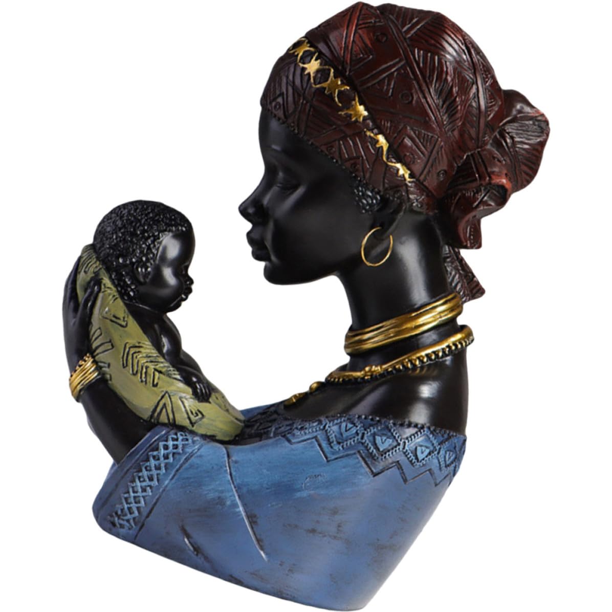 Figurine africaine mère et fils en résine : statue artisanale de luxe pour salon
