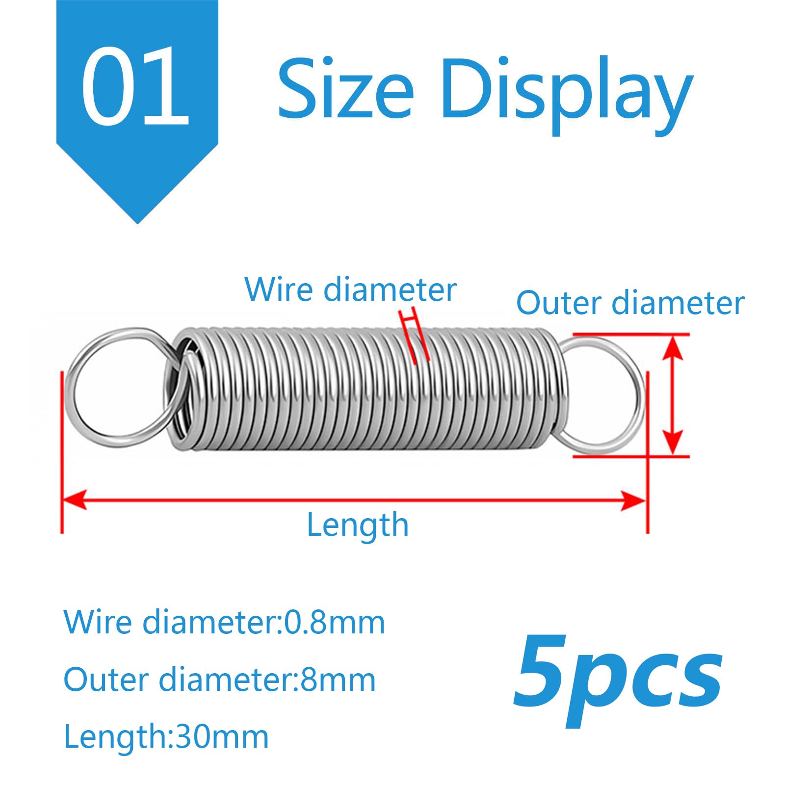 UpGBRF Extension Spring Stainless Steel Dual Hook Tension Springs Suitable for Repair Parts, 3cm Long,Wd?0.8mm,OD:8mm
