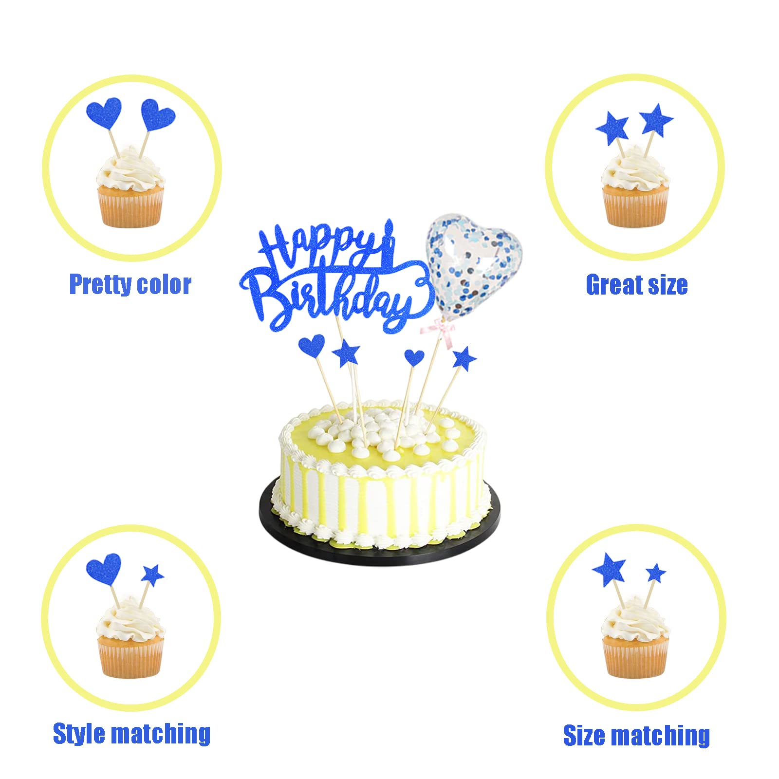Elicola Topper per torta di compleanno – blu per bambino, cartello e glitter – decorazioni per torta per il primo compleanno
