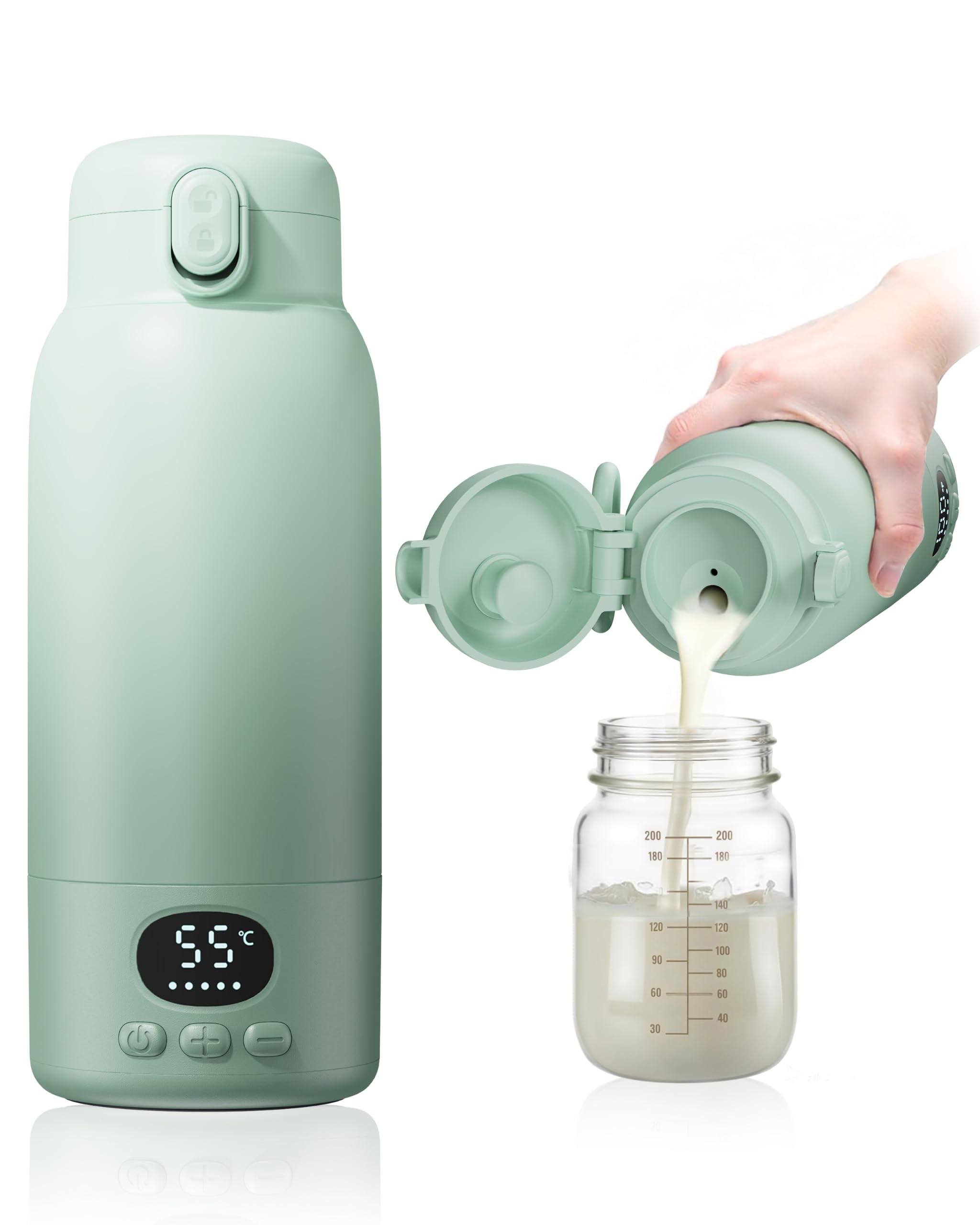 Tragbarer Flaschenwärmer Baby, 100W Schnellaufheizung | Kabellos, für unterwegs & Reisen, 500 ml Kapazität, 30x Nutzung/Akku, USB-C, BPA-frei, hellgrün