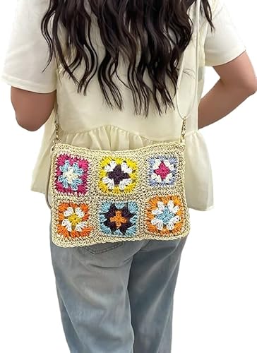 Handmade Purses and Handbags for Women, Knitted Straw Beach Bag, Straw Tote Bag for Women with Long Strap, Checkered Womens Crossbody Shoulder Bags Summer Purse with Zipper Closure, Anti Theft (Beige)