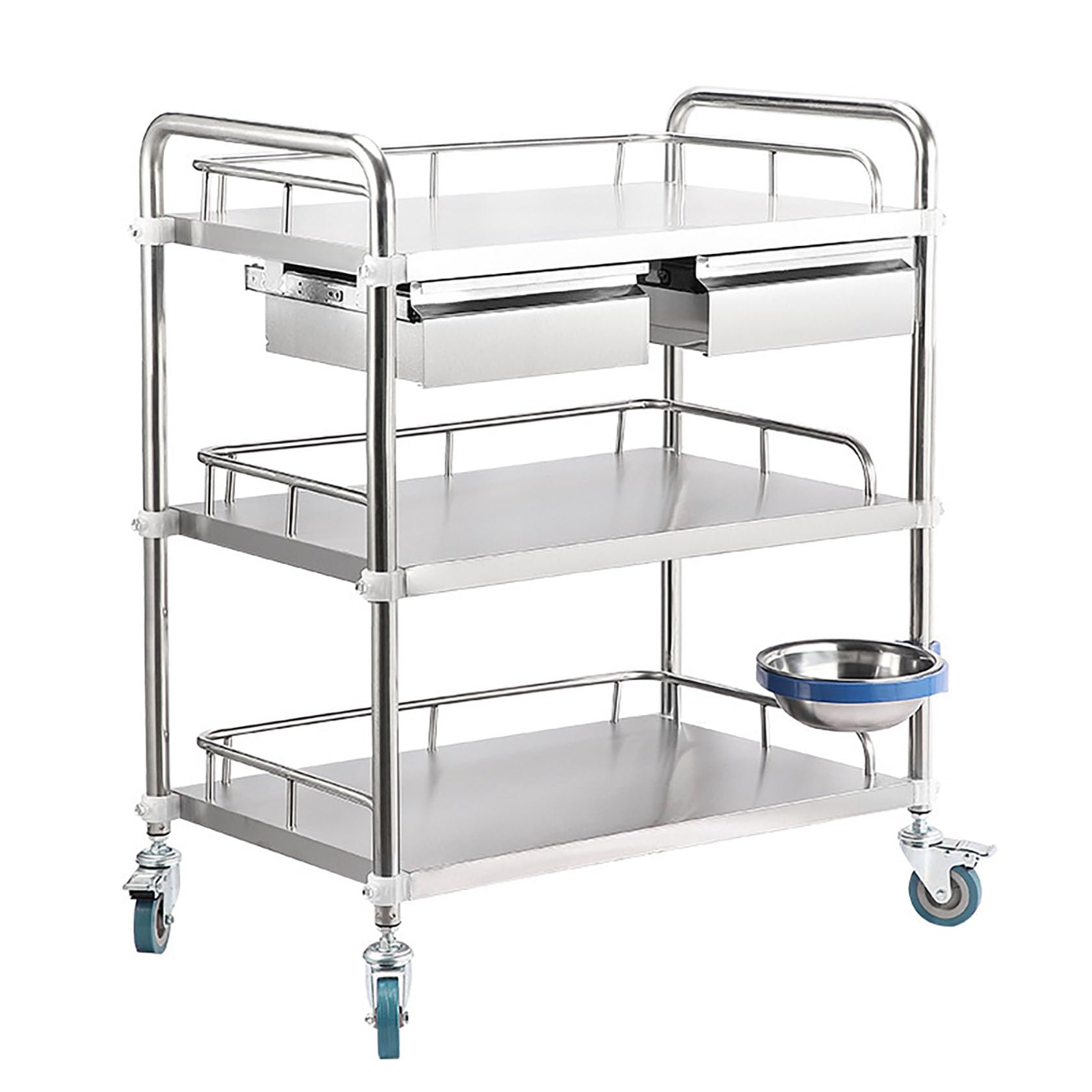 Trolley aus Edelstahl mit 3 Ebenen, Organizer mit 4 Rädern, mit zwei Schubladen für Lehrer, größerer Laborwagen für Küche, Restaurant, Labor und Zuhause