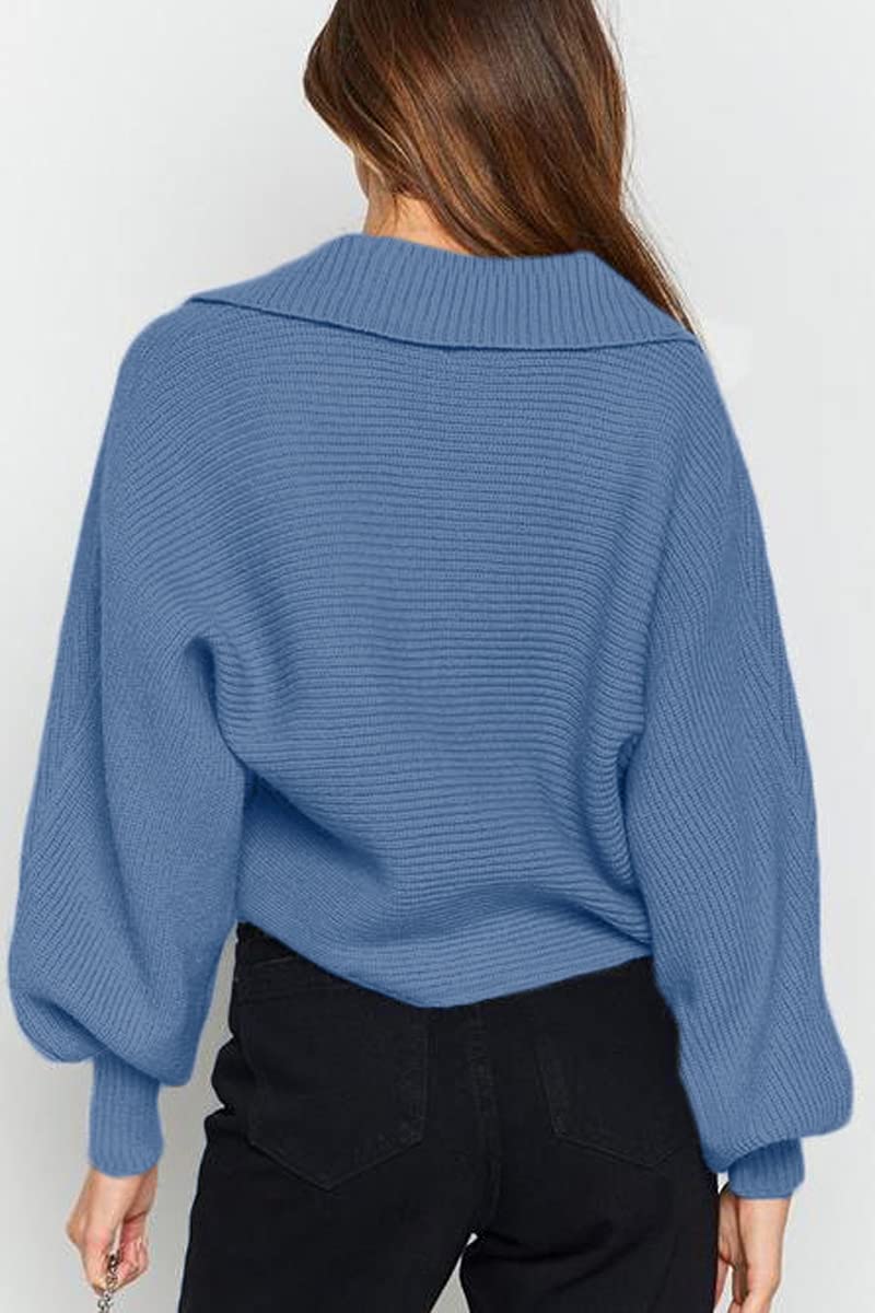 CHYRII Women Overized Puff Long Sleeve V Neck Knitted Polo Pullover Sweater Jumper Tops