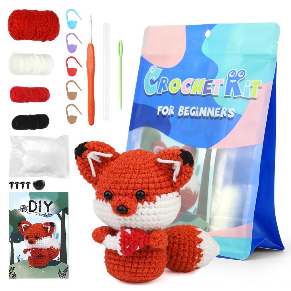 Zibuyu® DIY Crochet Kit Starter DIY Crochet Red Fox DIY Crocheting Fox Stuffed Toy Crocheting Kit Starter DIY Crocheting Kit DIY Gift for Kids, Friends-image-1
