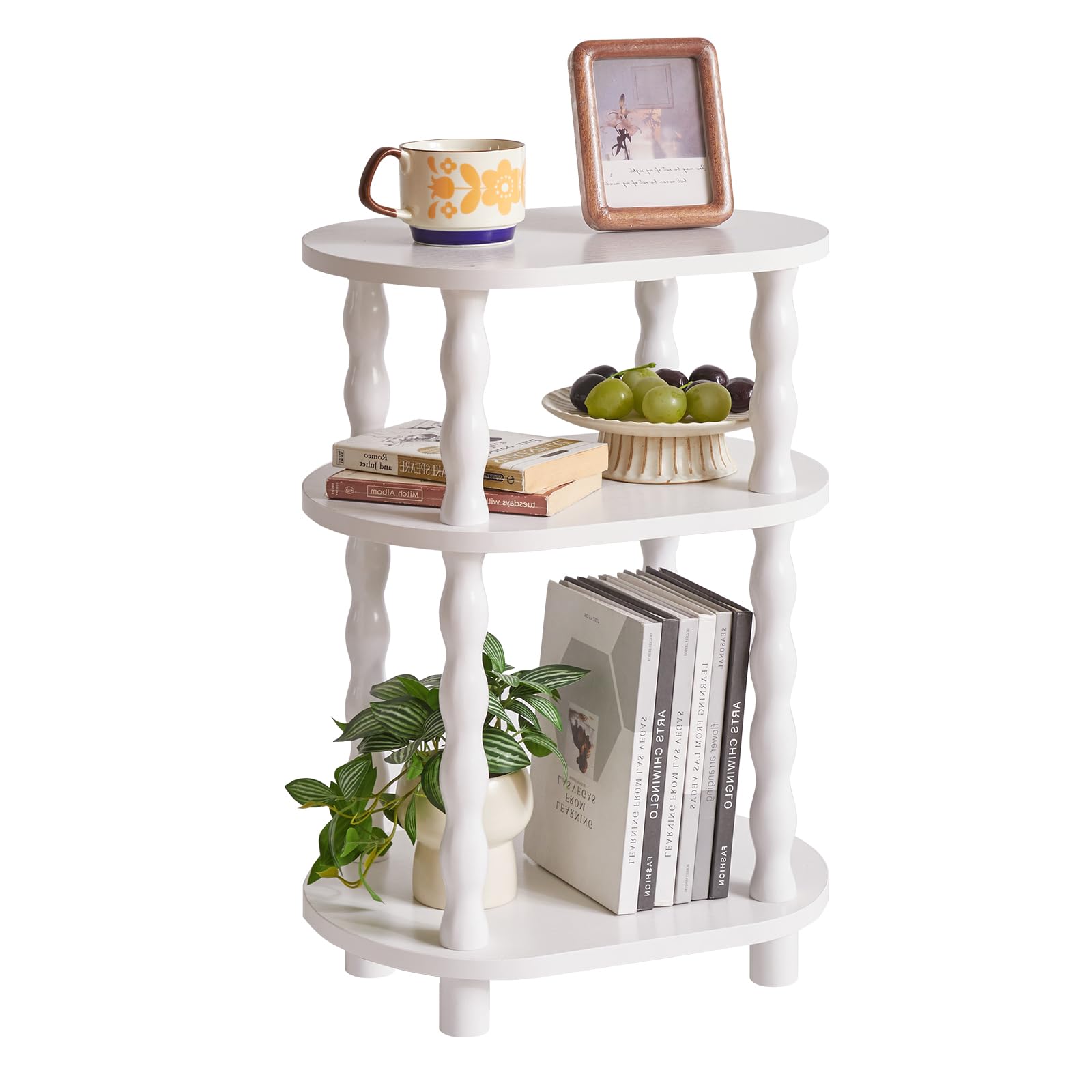 Aibiju Oval Side Table, 3-Tier Small End Table for Small Spaces, Modern Night Stand with Solid Wood Legs for Bedroom, Living Room, Space Saving, White YD-ST004W