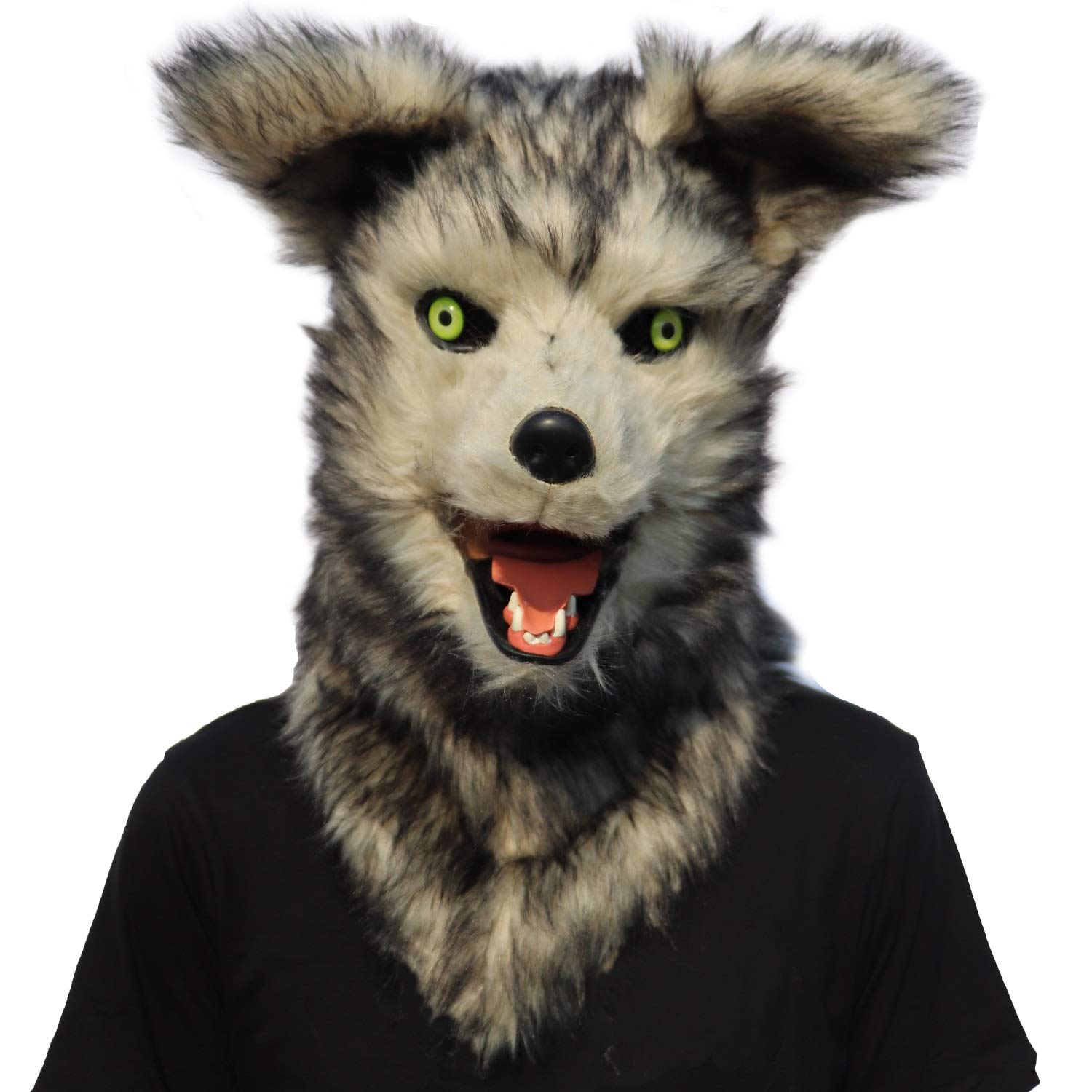 ifkoo Realistic Mouth Mover Wolf Mask for Halloween Party Costume Plush Moving Mouth Fursuit Head Werewolf Mask Adult, Grey, One size