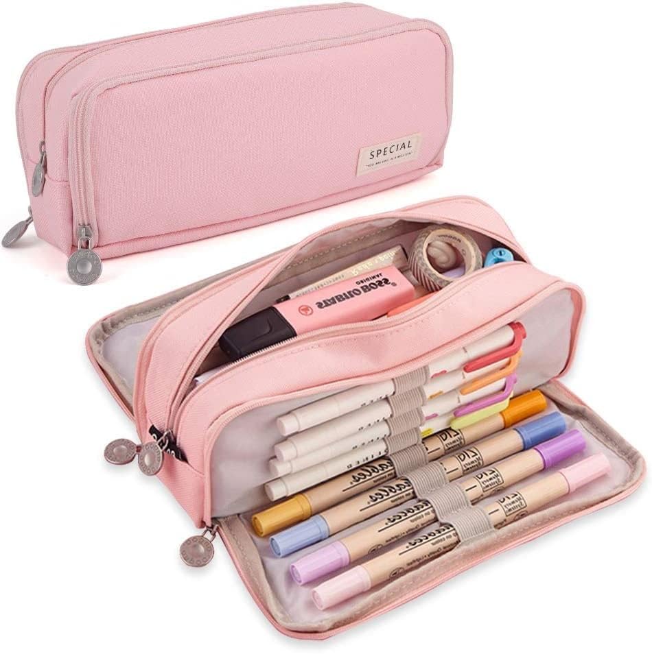Image of Polyester Pencil Case Large Pencil Cases For Girls Boys Big Capacity Pencil Pouch with 3 Compartments School Stationary Kids College Students Office Aesthetic Pencil Pouch (Pink)
