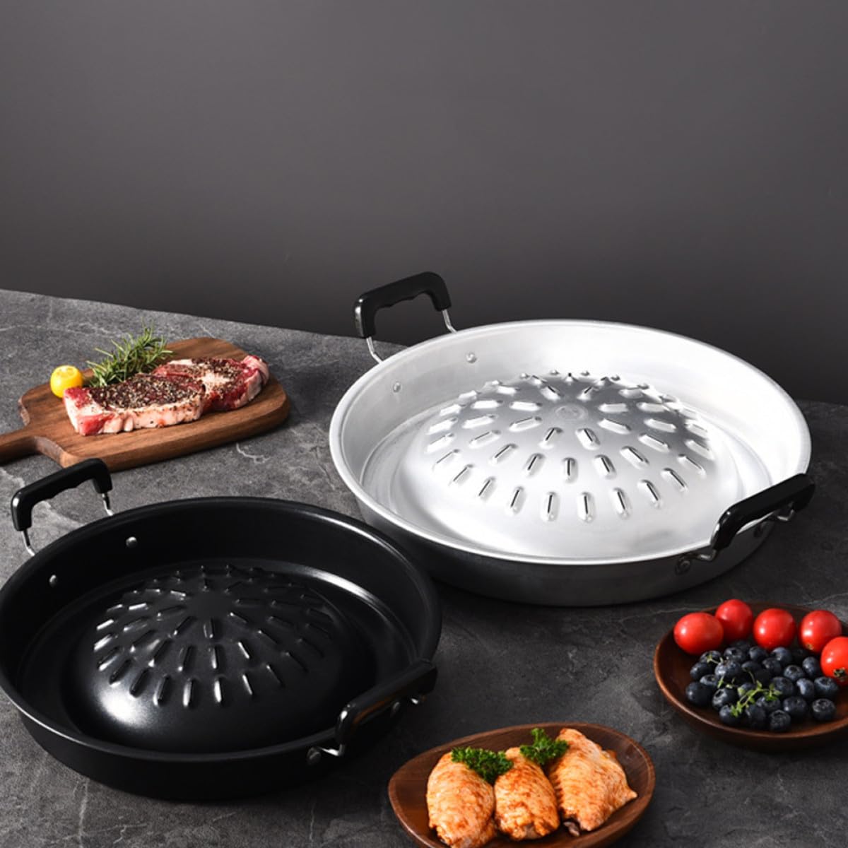 Wielofunkcyjna okrągła patelnia grillowa 35 cm - lekkie i przenośne koreańskie naczynia do grillowania - stal do biwakowania na świeżym powietrzu i akcesoria do grillowania