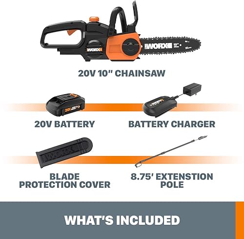 Miniatura 5 de Worx WG323 20V Power Share Sierra de poste/cadena inalámbrica de 10" con tensión automática (batería y cargador incluidos)