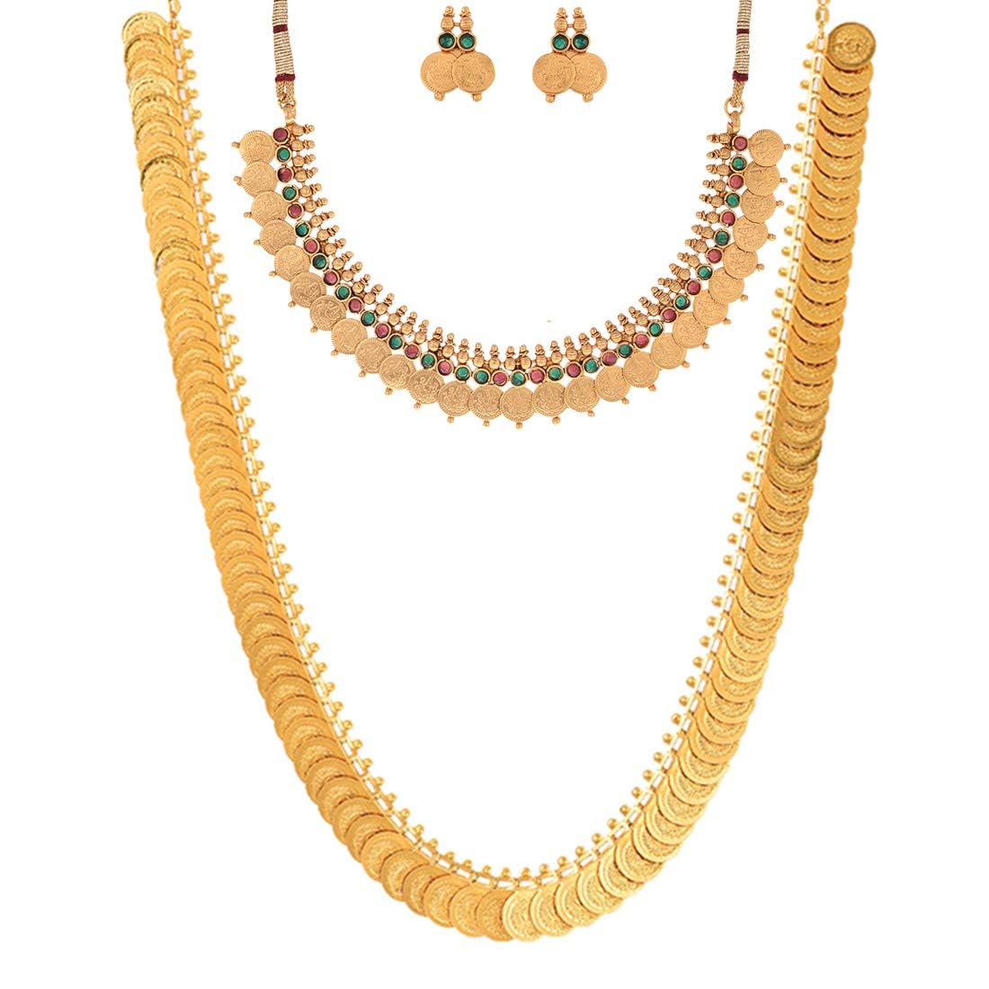 ZENEME Gold Plated Long Traditional Haram Necklace and Red Temple Coin Choker Necklace with Earring Jewellery Set For Women & Girls