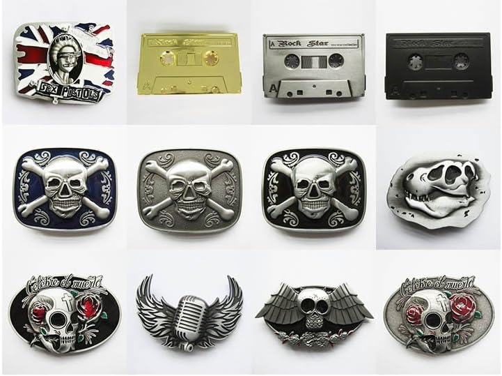 12 Pcs Shown As Picture Rose Wings Skull Oval Distressed Rose Flower Skull Pirate Belt Skull Cross Bones Bone Fossil Black Rock Music Rock Music Cassette Gold Rock Music Six Pistols Puck Rock Flying Wings Belt Buckle