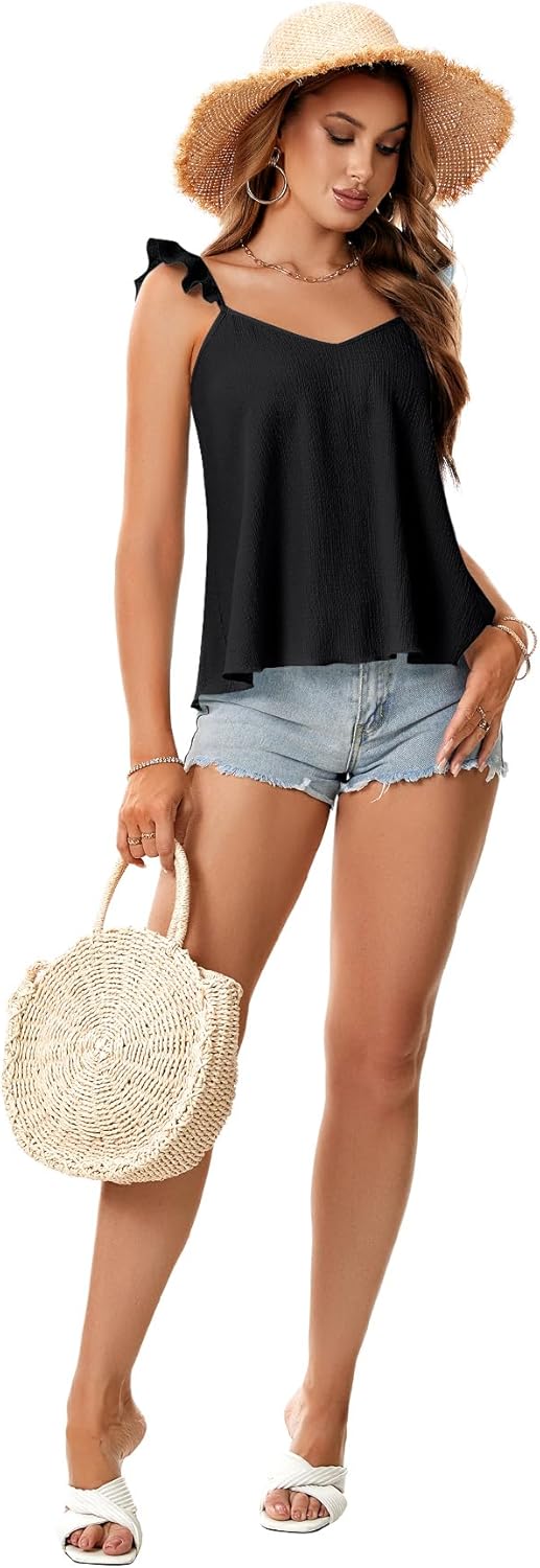 Rooscier Women's Ruffle Strap V Neck Backless Peplum Babydoll Cute Vacation Cami Tops - Image 6