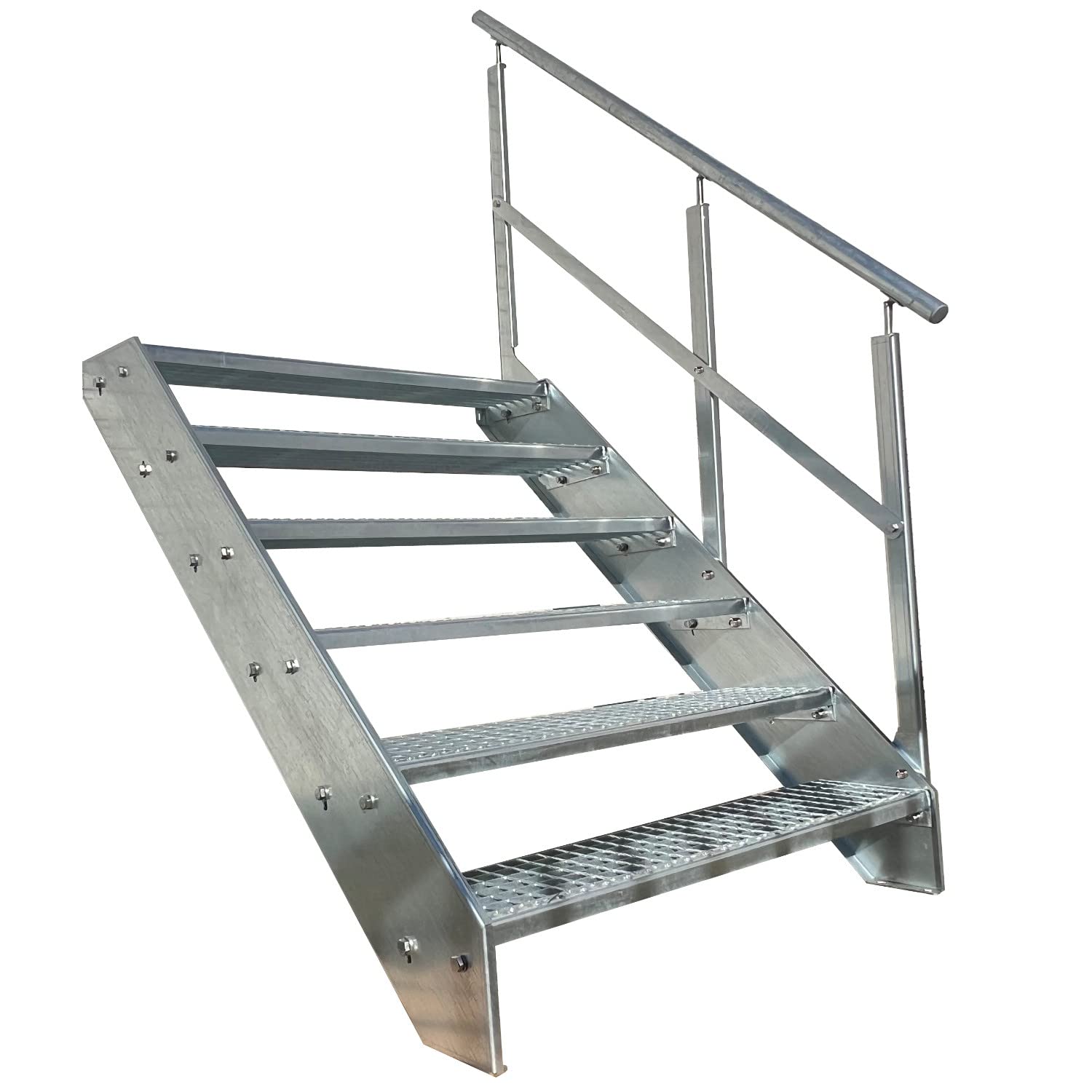 Premium Caillebotis acier Escalier à limon 6 Marches Entièrement galvanisé avec garde-corps à droite - Dimensions (L x l x H) 120cm x 80cm x 114cm