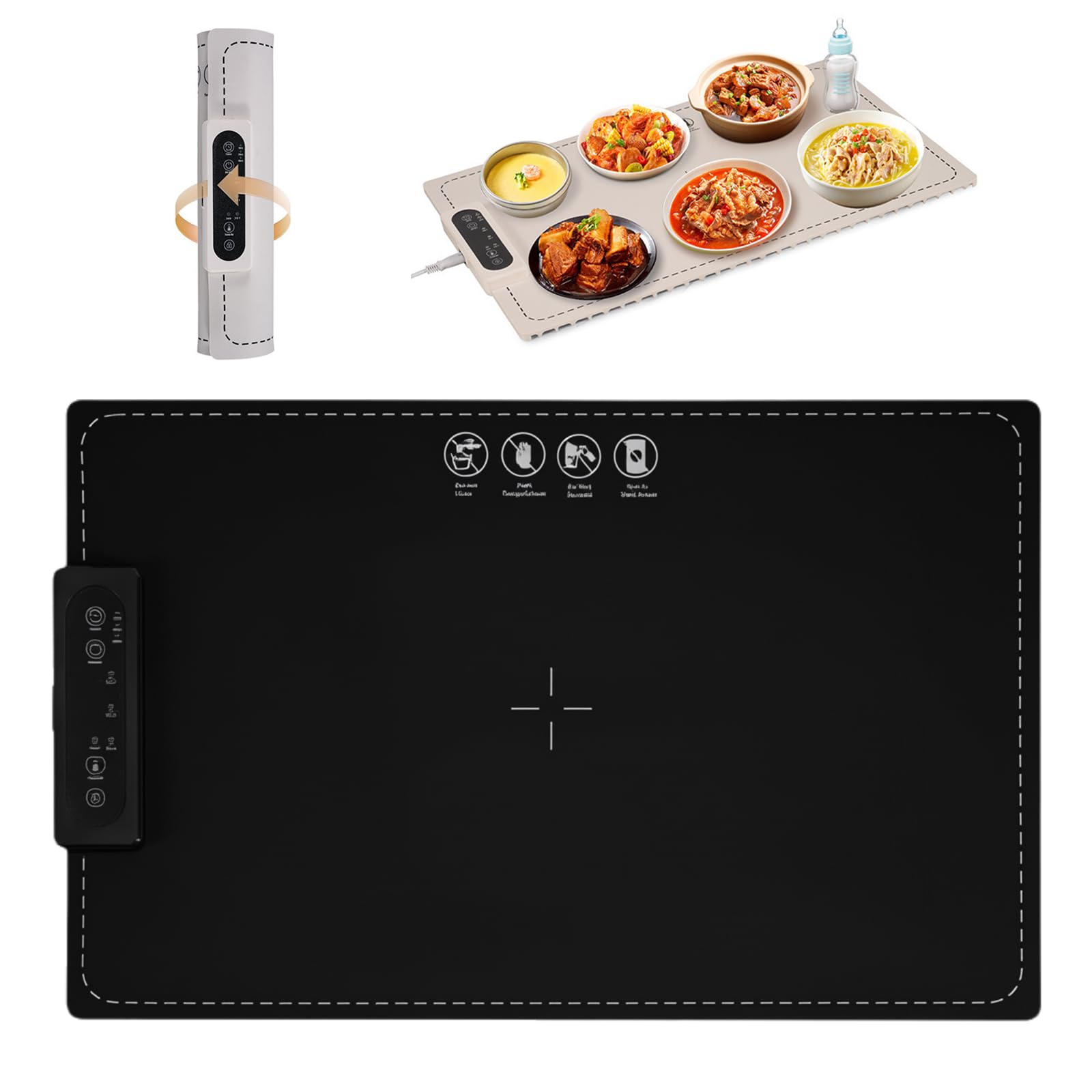 Plateau chauffant électrique en silicone noir réglable avec minuterie pour table