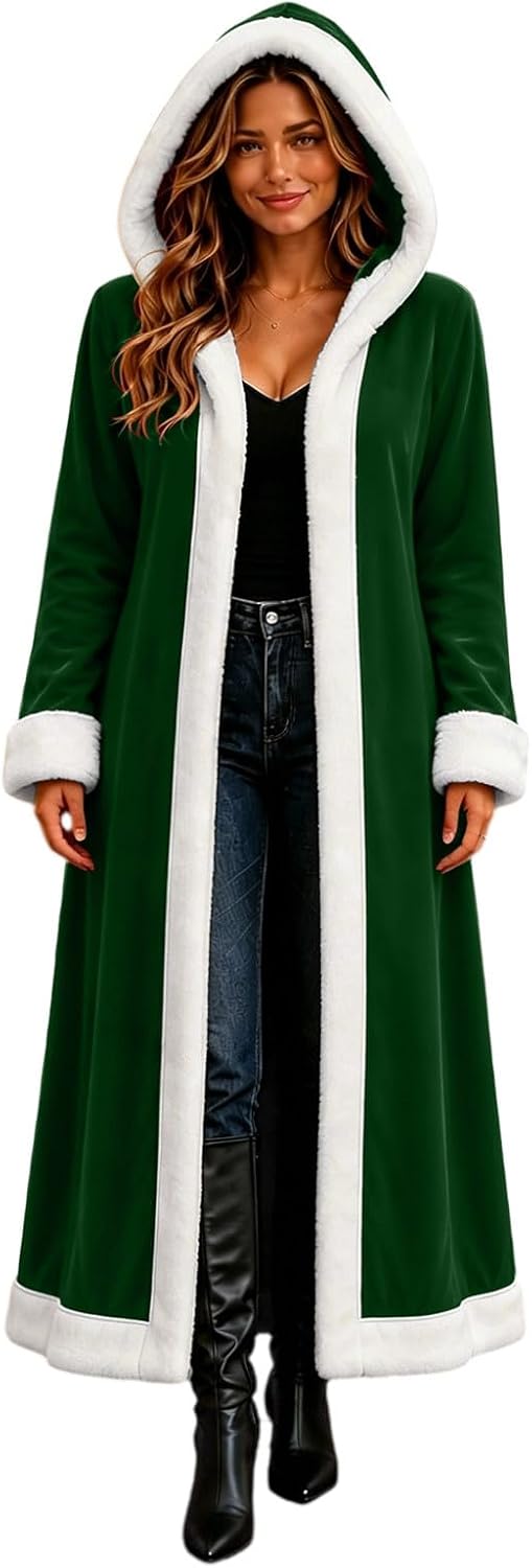 Women's Hooded Velvet Cardigan Long Sleeves Christmas Duster Coat